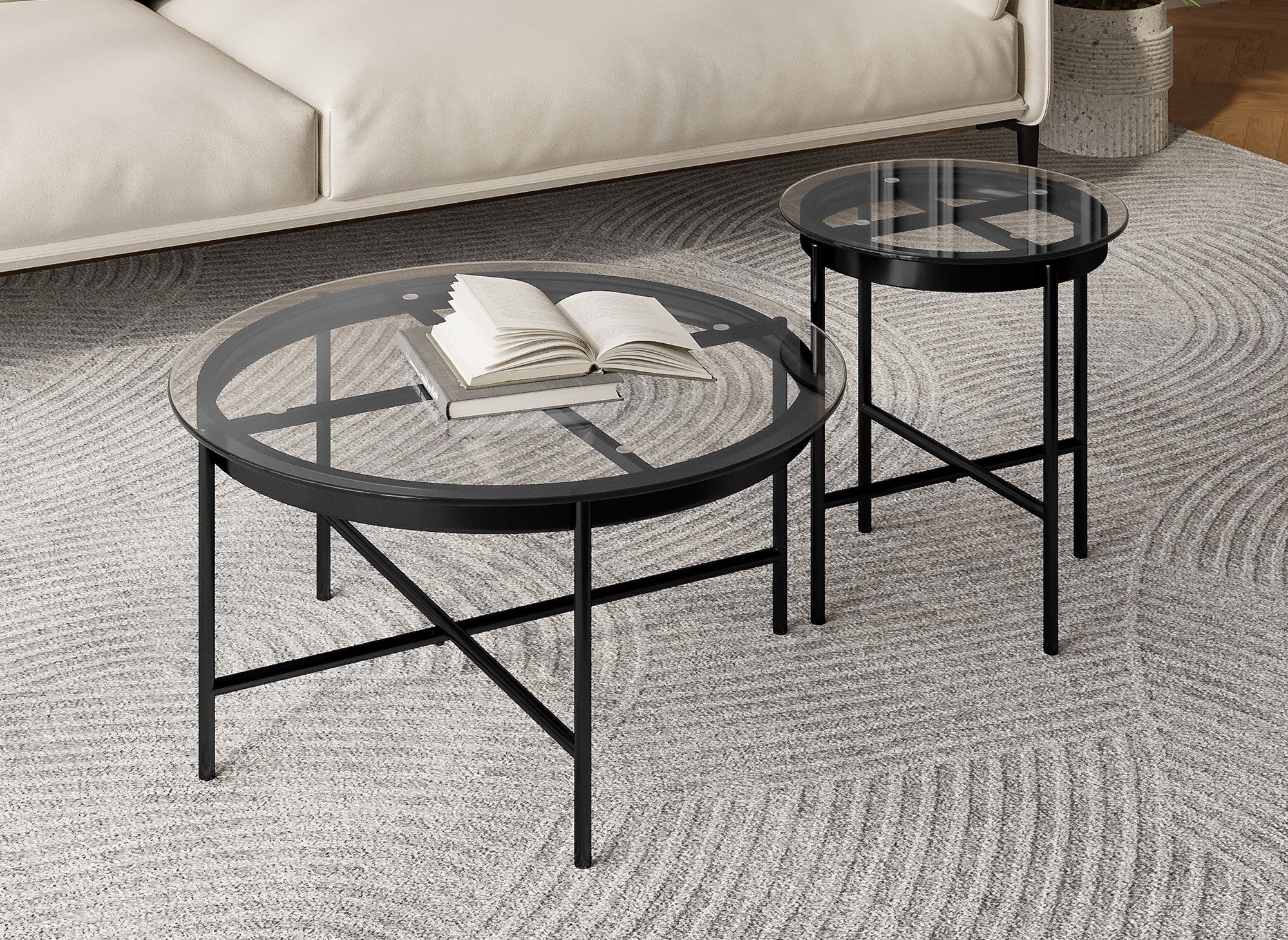 Lot de 2 tables rondes basses en verre et métal MARZIO