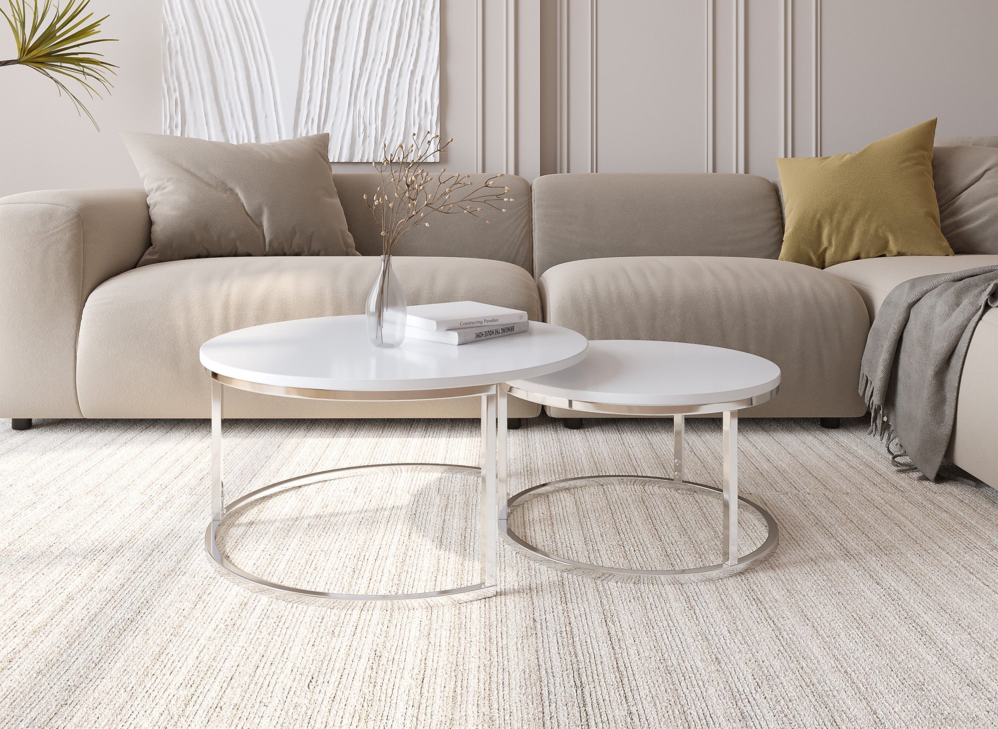 Lot de 2 tables basses gigognes rondes blanches pieds chromés RONY