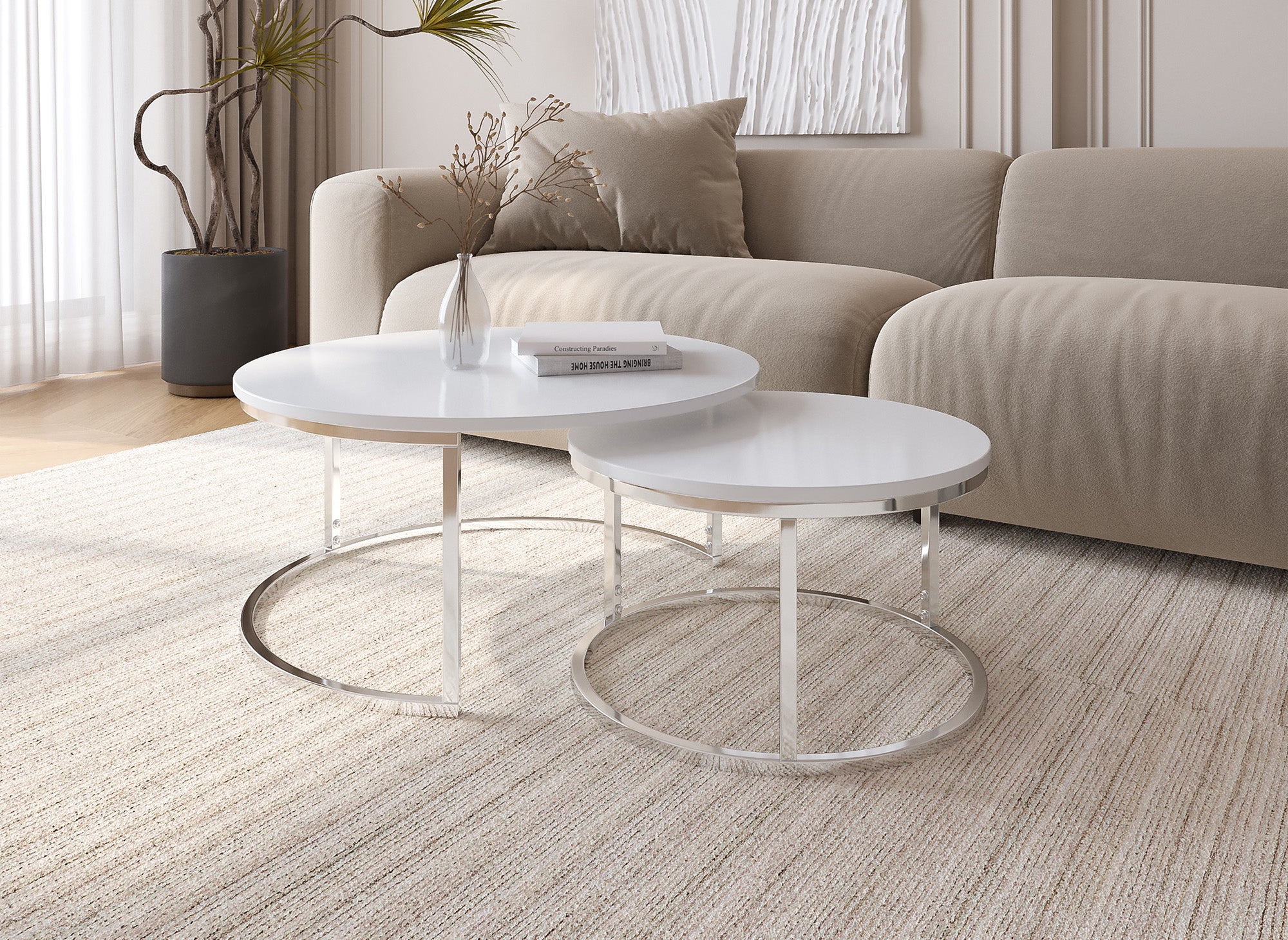 Lot de 2 tables basses gigognes rondes blanches pieds chromés RONY