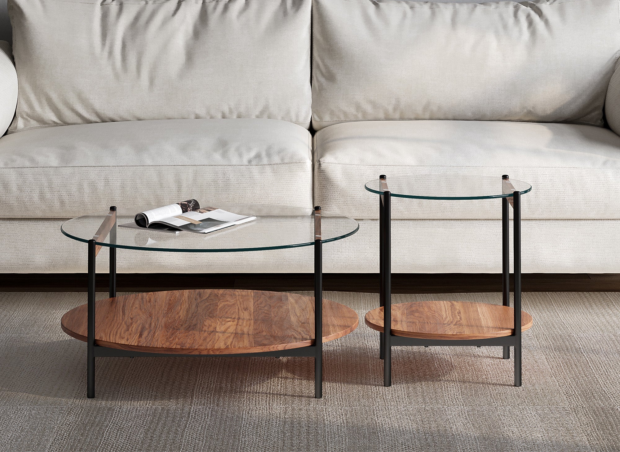 Lot de 2 tables basses rondes en verre bois et métal RIZZO