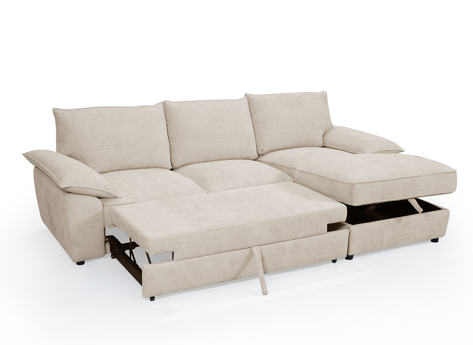 Divano angolare trasformabile con box contenitore in velluto screziato beige GABIN - Angolo retto