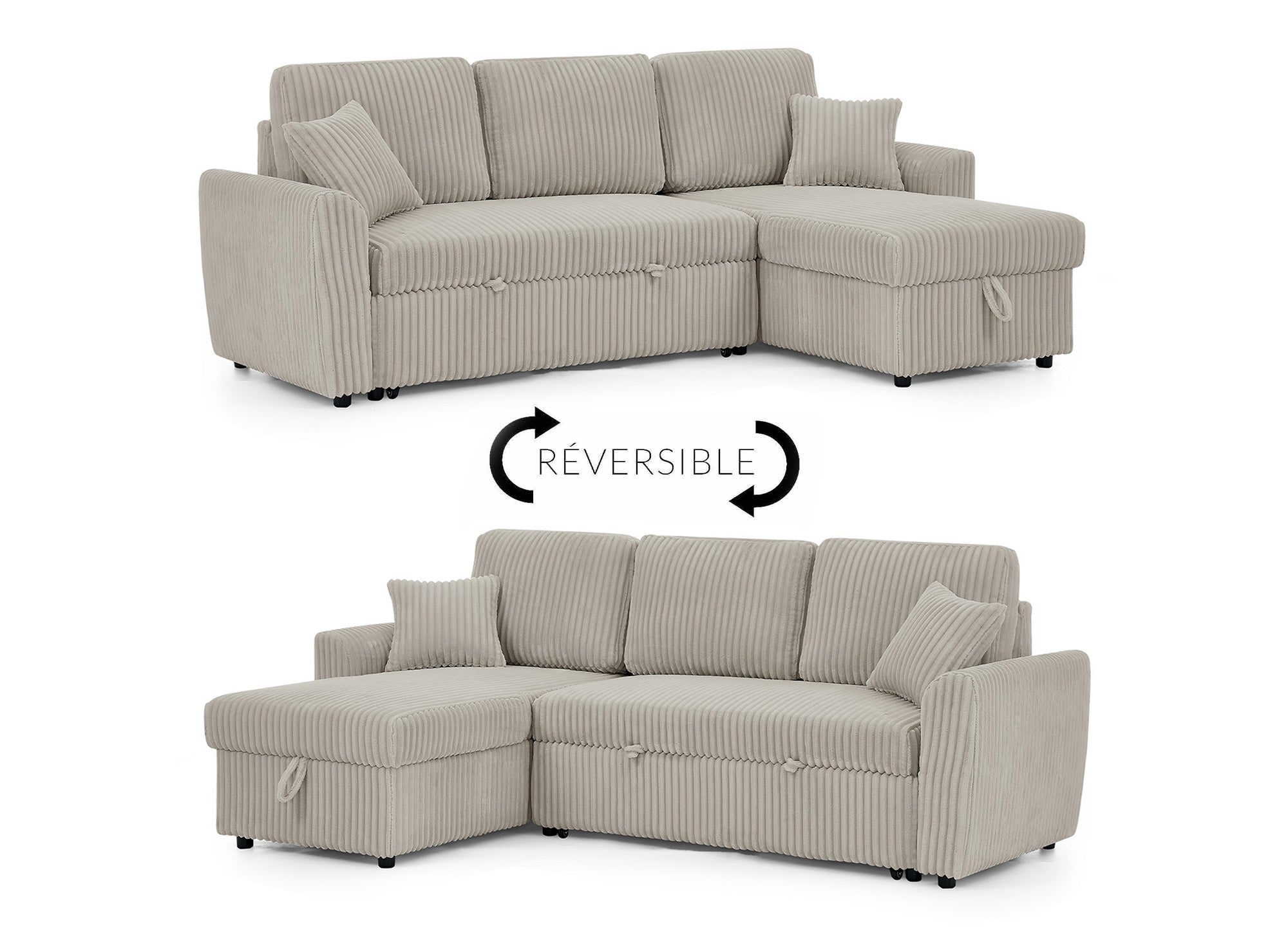 Divano angolare trasformabile e reversibile con cassapanca in velluto a coste spesso color talpa ADRYEN