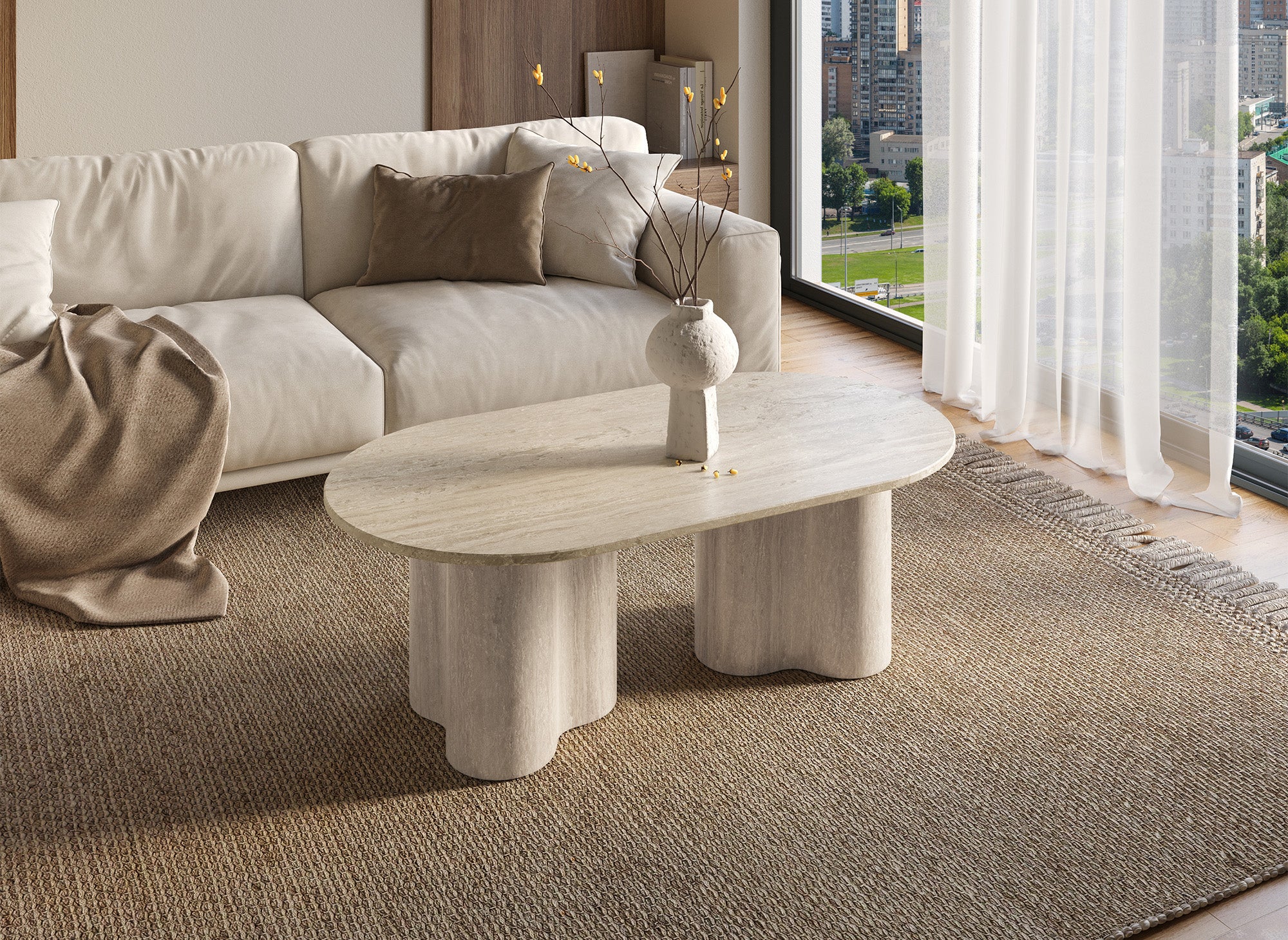 Table basse en marbre composite beige pieds forme organique VANINA