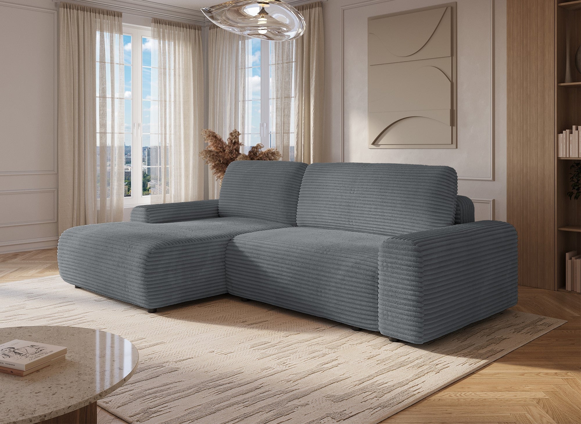 Canapé d'angle gauche convertible avec coffre en velours côtelé épais gris foncé BALI - Angle gauche