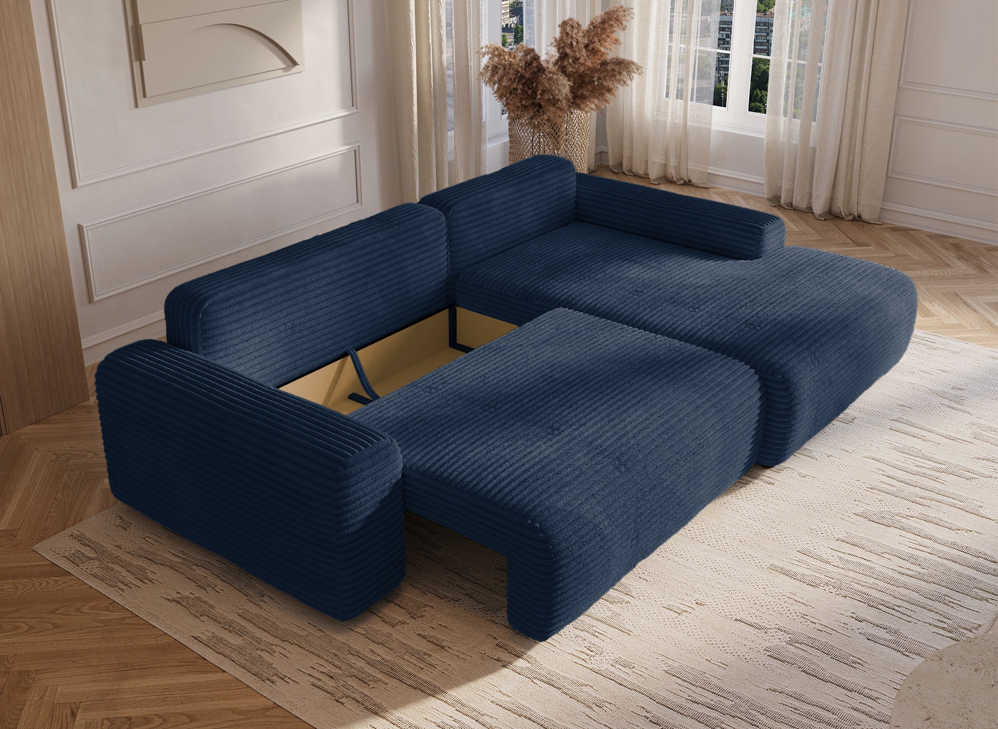 Canapé d'angle droit convertible avec coffre en velours côtelé épais bleu foncé BALI - Angle droit