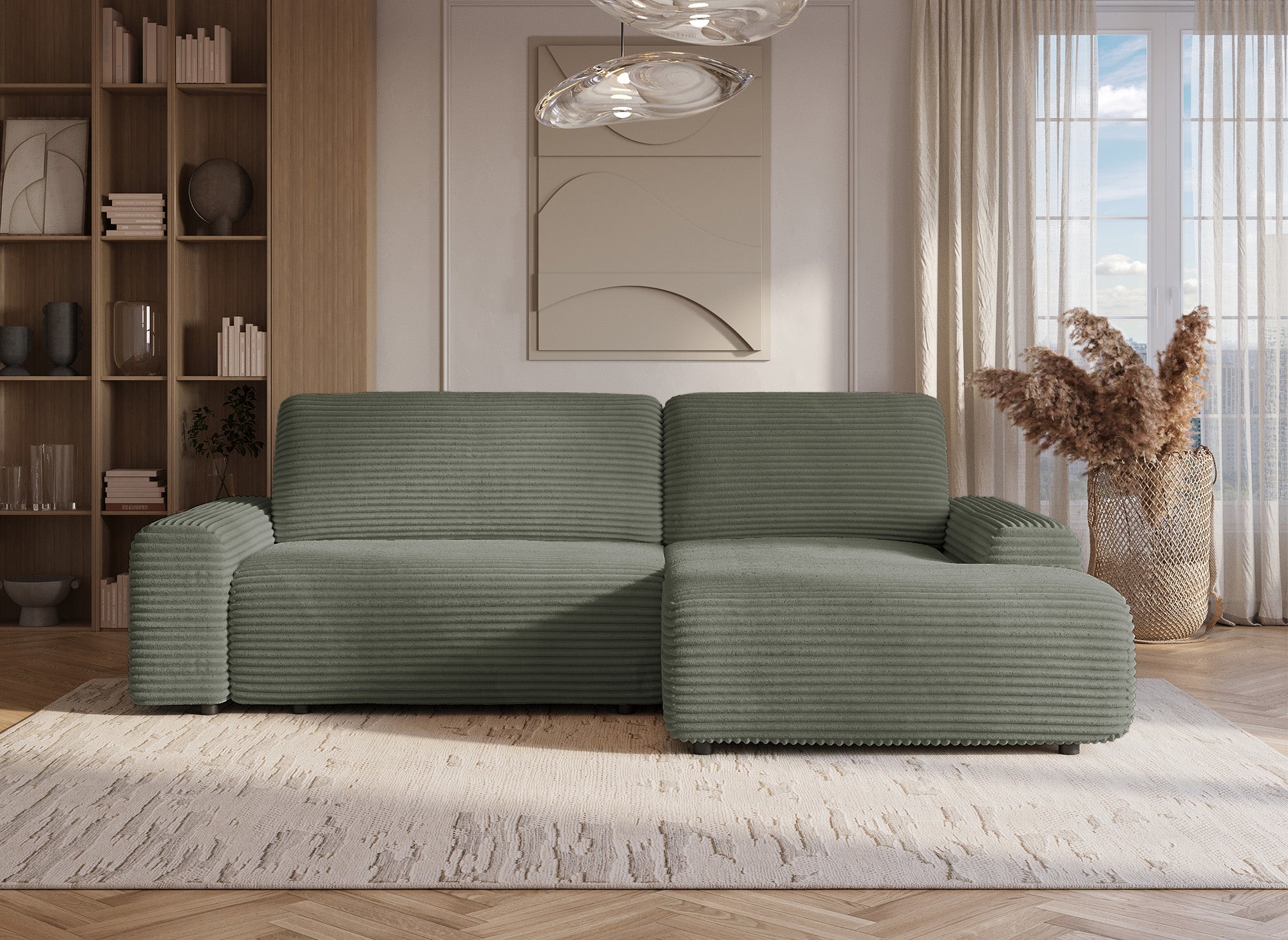 Canapé d'angle droit convertible avec coffre en velours côtelé épais vert kaki BALI - Angle droit