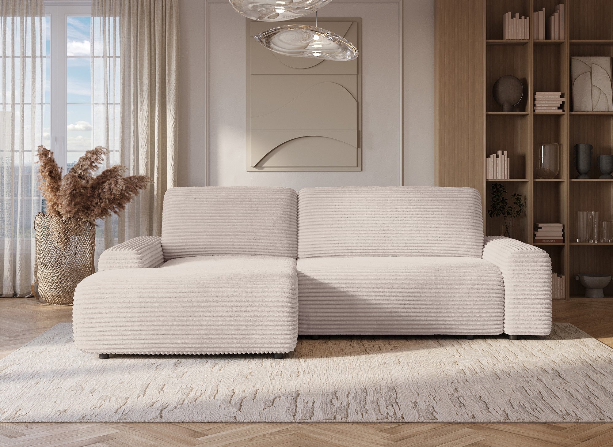 Canapé d'angle gauche convertible avec coffre en velours côtelé épais beige BALI - Angle gauche