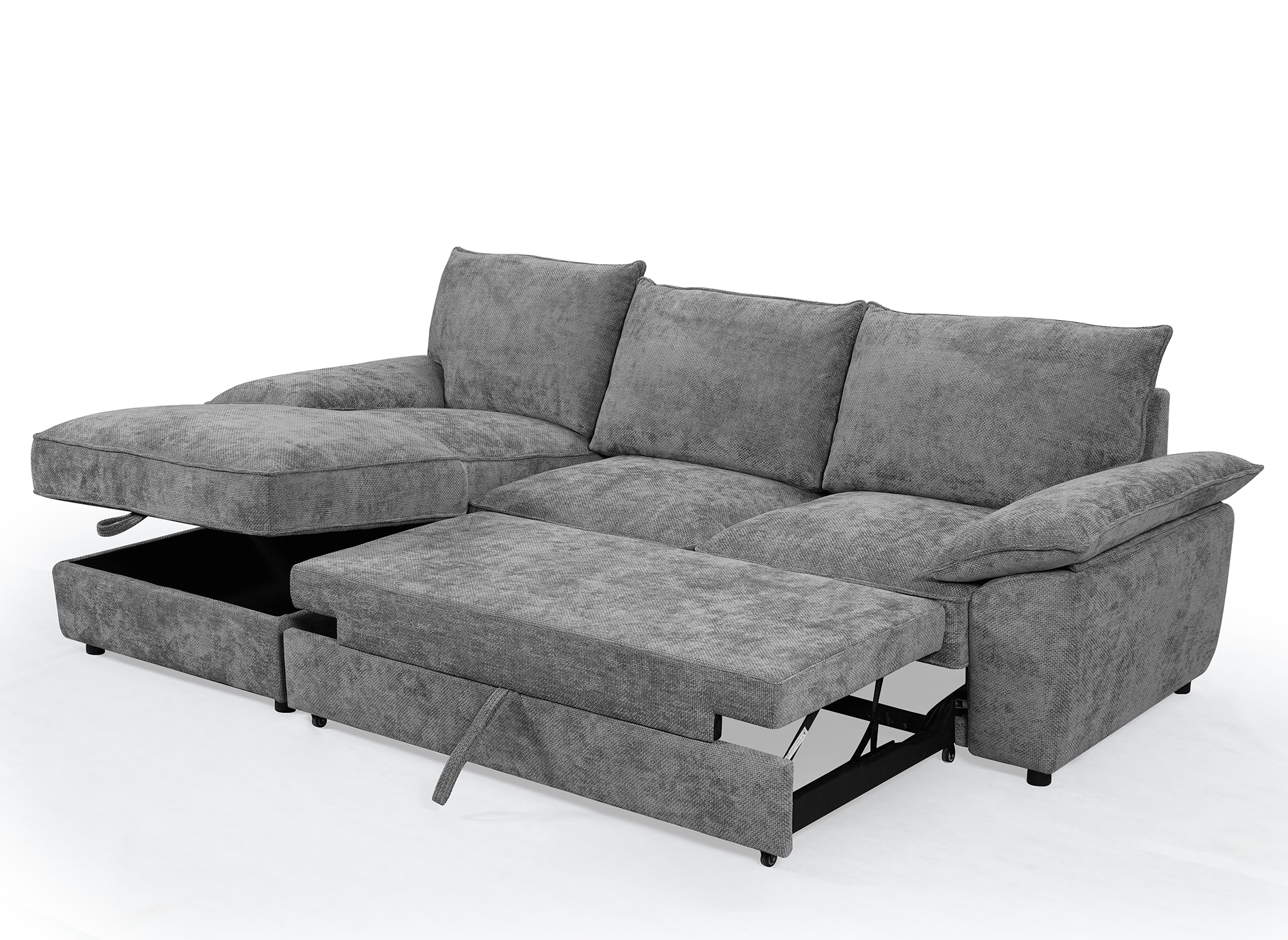 Canapé d'angle convertible avec coffre de rangement en velours chiné gris GABIN - Angle gauche