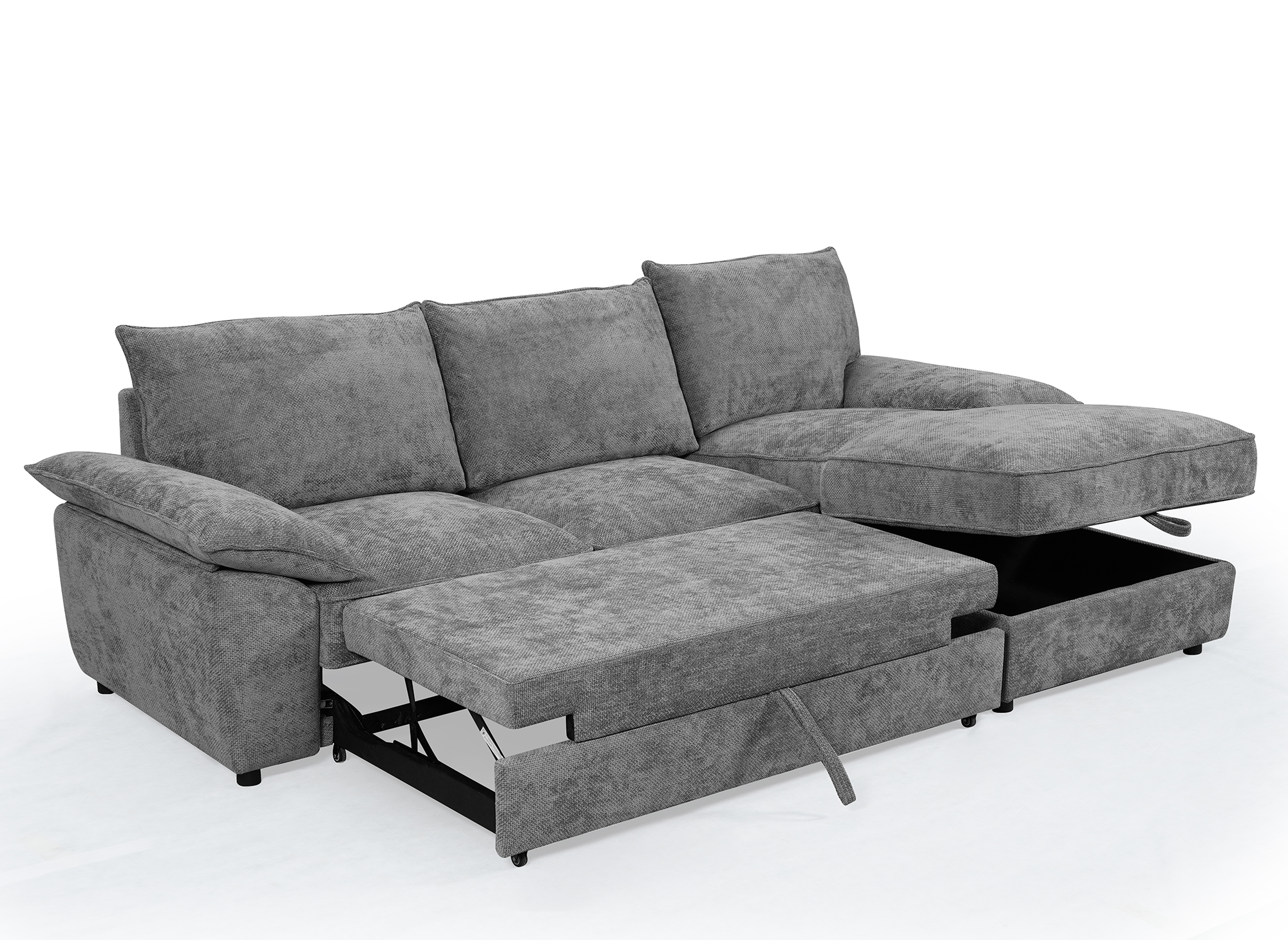 Canapé d'angle convertible avec coffre de rangement en velours chiné gris GABIN - Angle droit