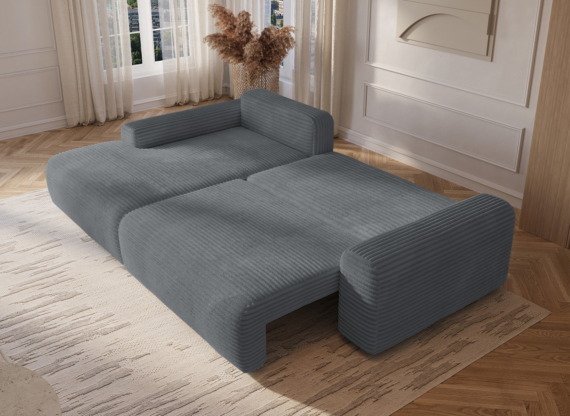 Canapé d'angle gauche convertible avec coffre en velours côtelé épais gris foncé BALI - Angle gauche