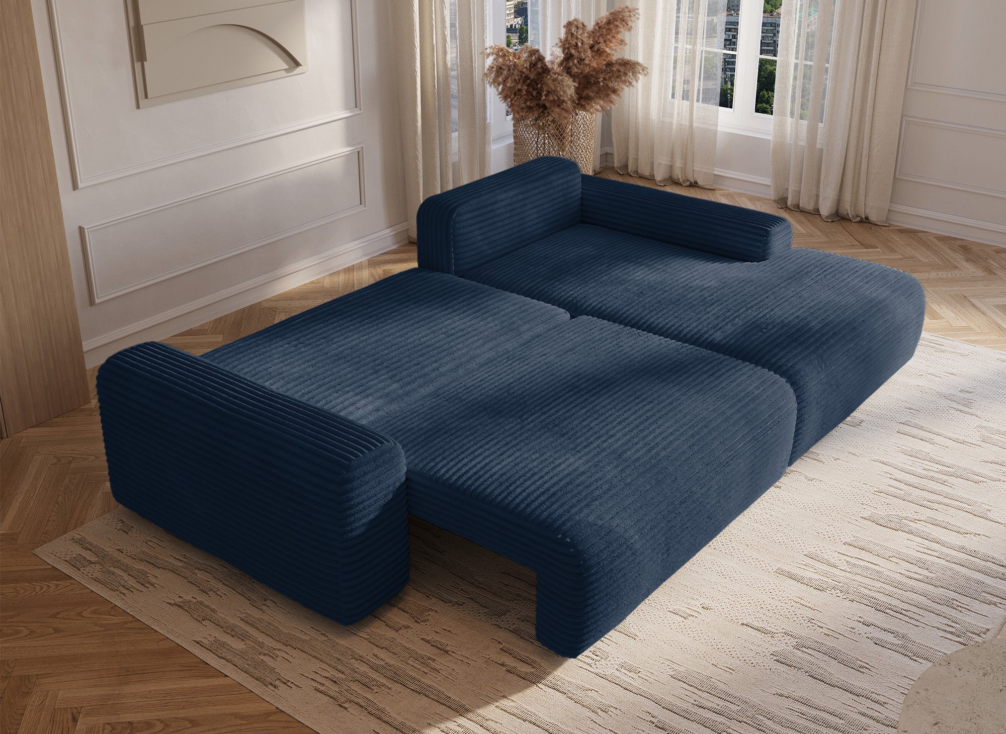 Canapé d'angle droit convertible avec coffre en velours côtelé épais bleu foncé BALI - Angle droit