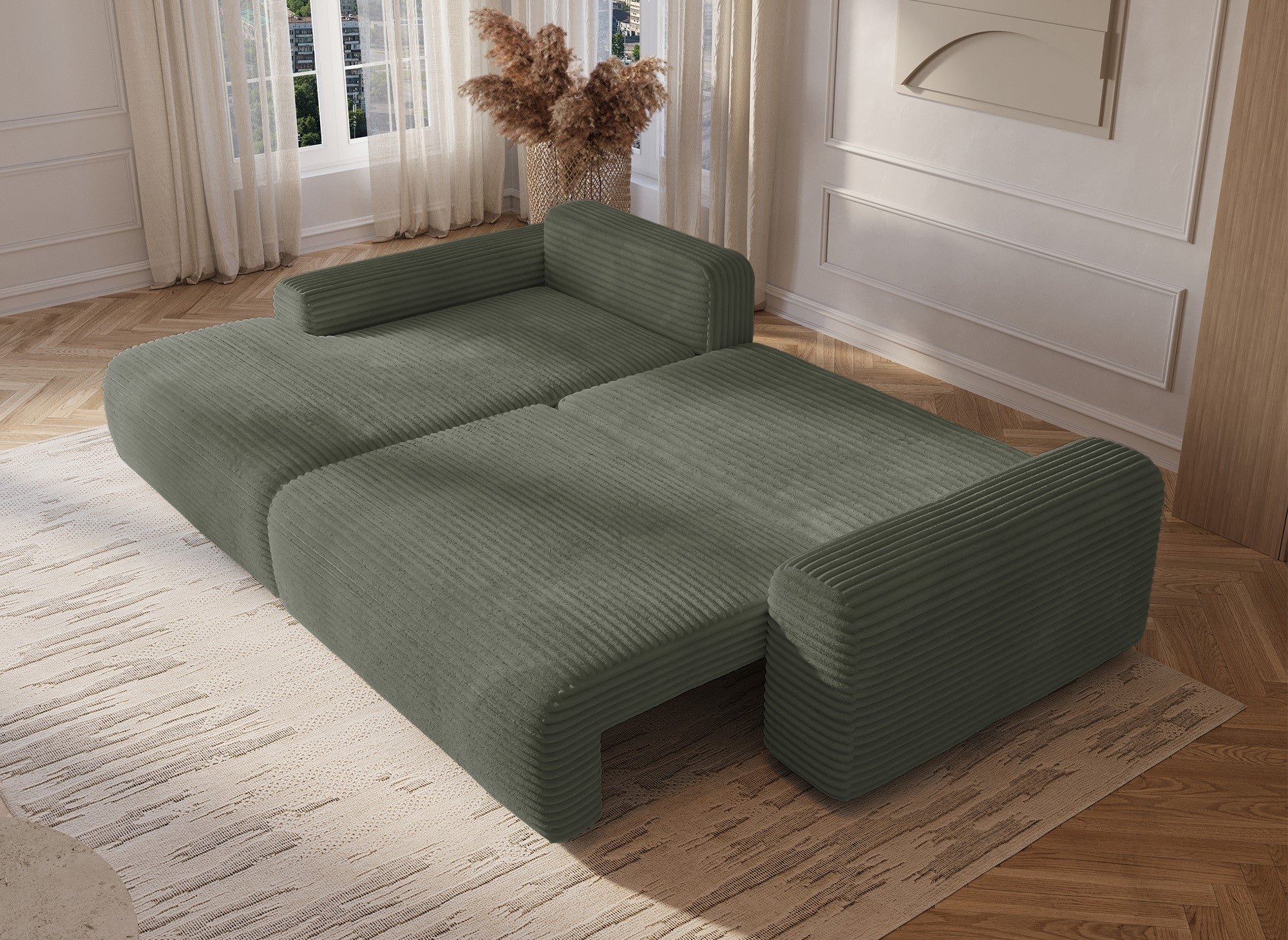 Canapé d'angle gauche convertible avec coffre en velours côtelé épais vert kaki BALI - Angle gauche