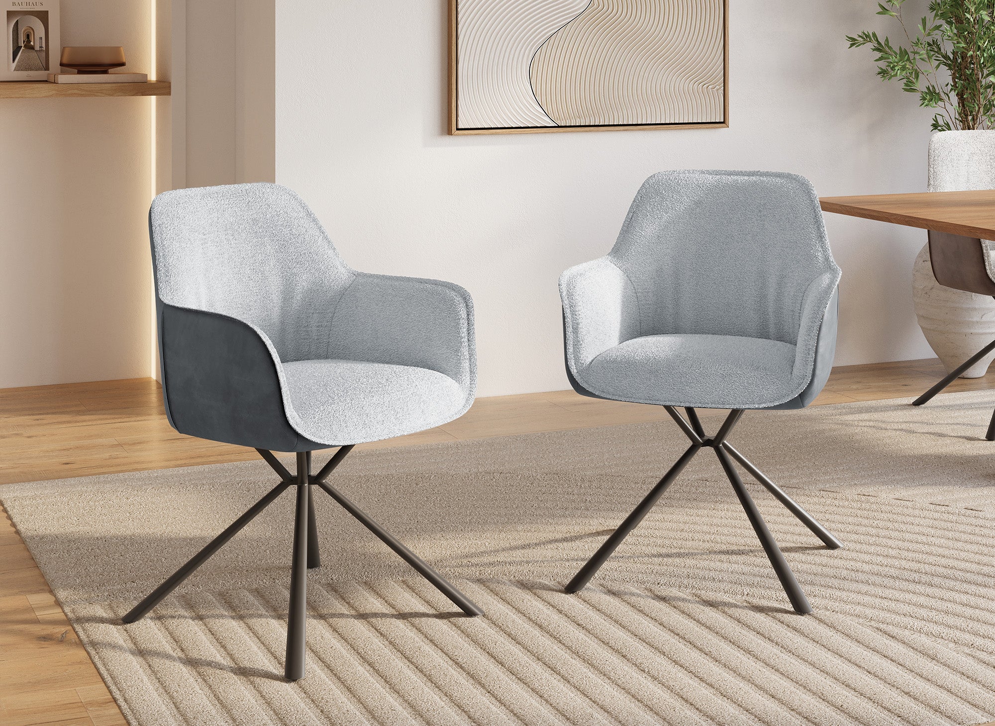 Lot de 2 chaises avec accoudoir tissu bouclette et simili cuir gris PIRO