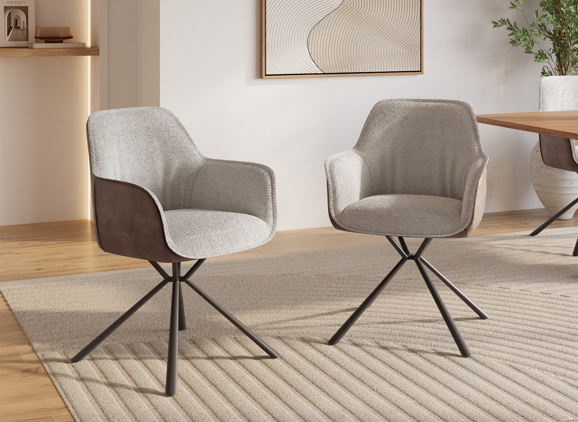 Lot de 2 chaises avec accoudoir en tissu bouclette beige et simili cuir marron PIRO