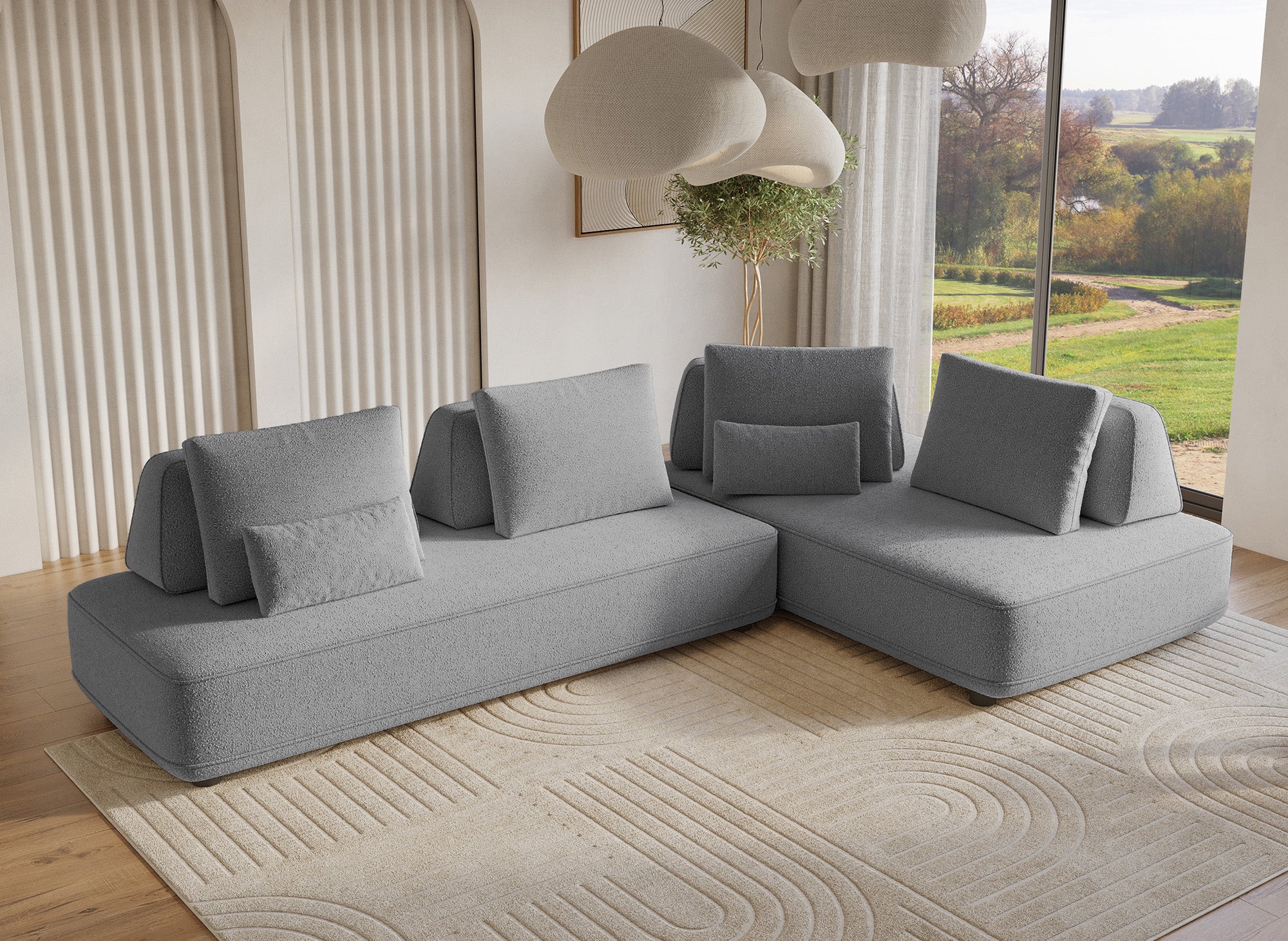 Canapé d'angle réversible en tissu bouclette gris ISAORA