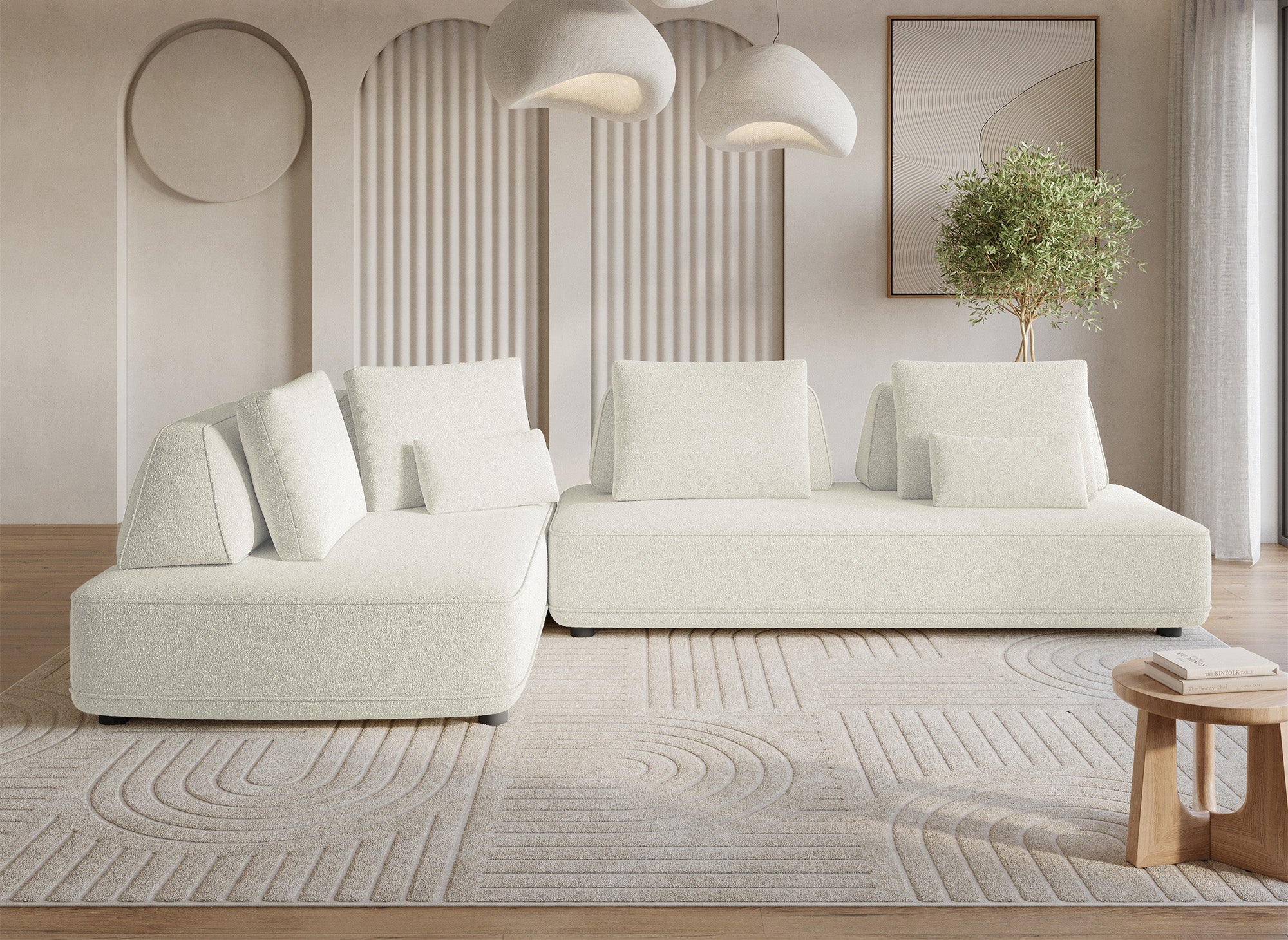 Canapé d'angle réversible en tissu bouclette beige ISAORA