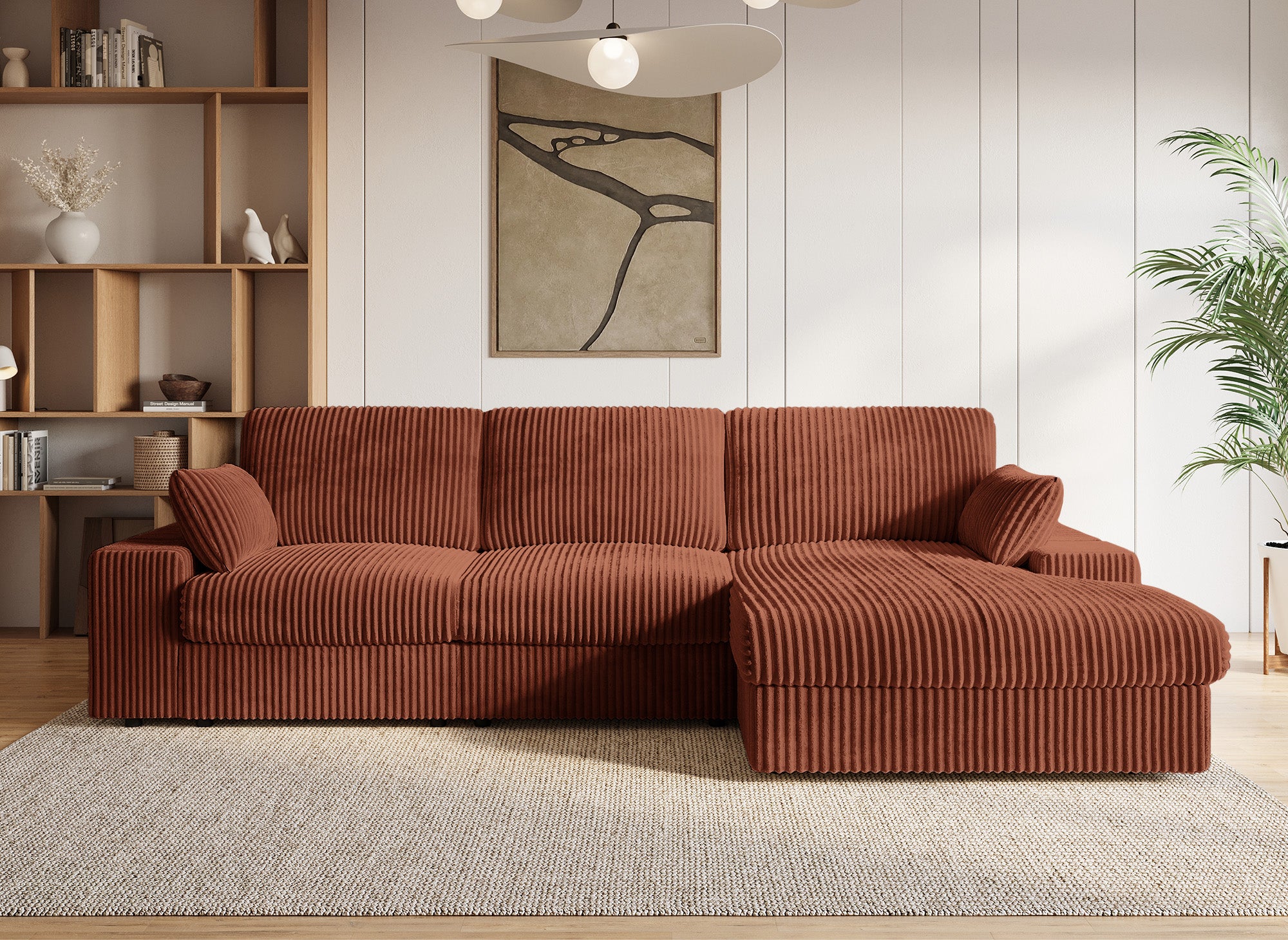 Canapé d'angle réversible en gros côtelé doux terracotta SIRINA