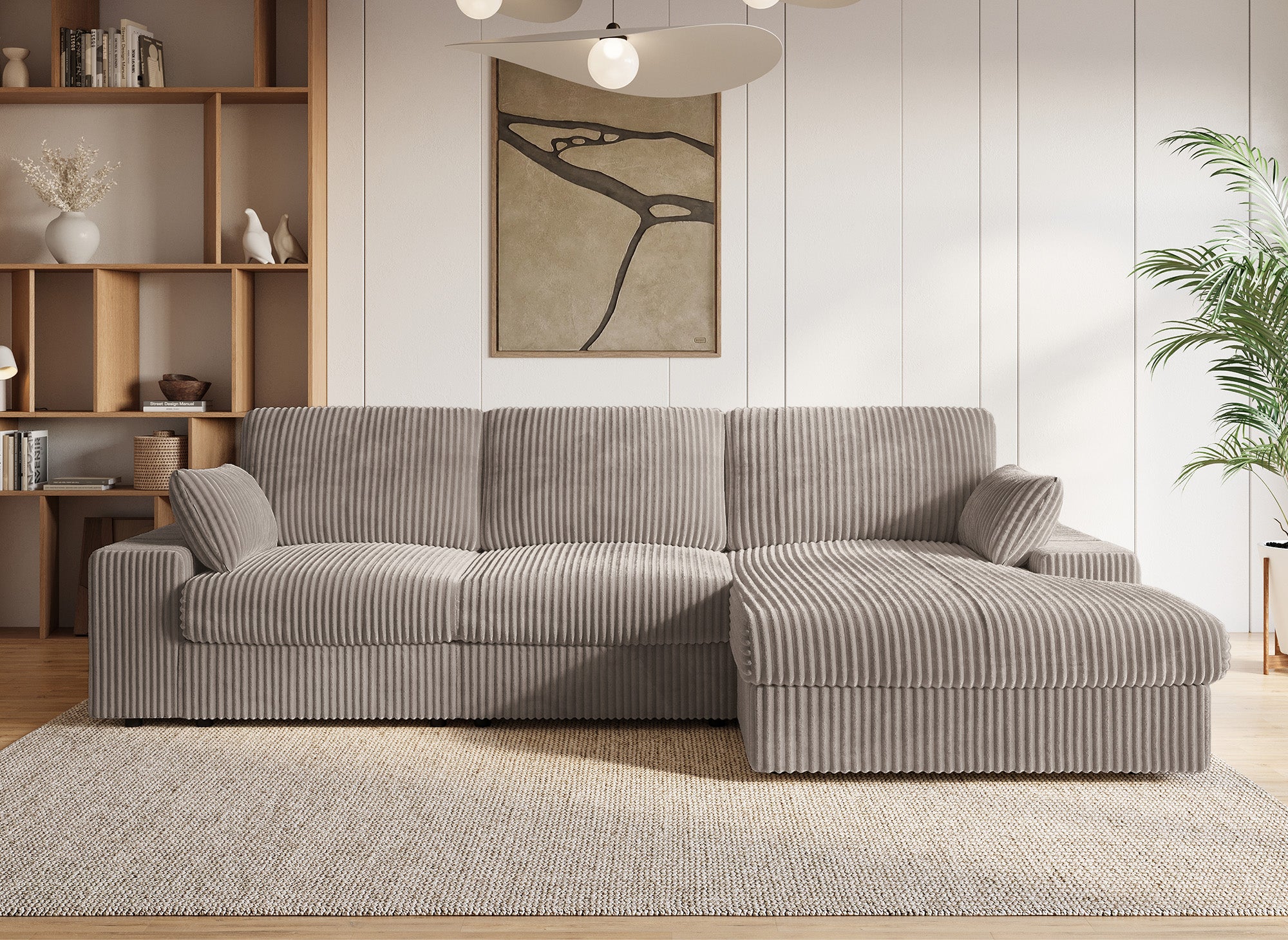 Canapé d'angle réversible en gros côtelé doux taupe SIRINA