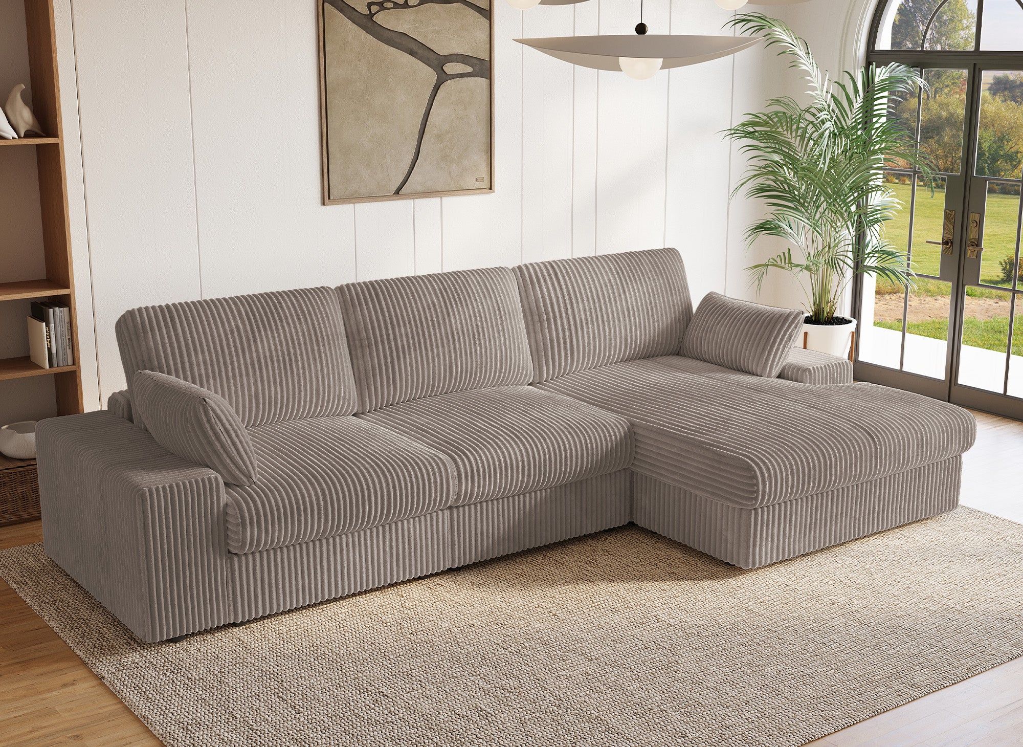 Canapé d'angle réversible en gros côtelé doux taupe SIRINA