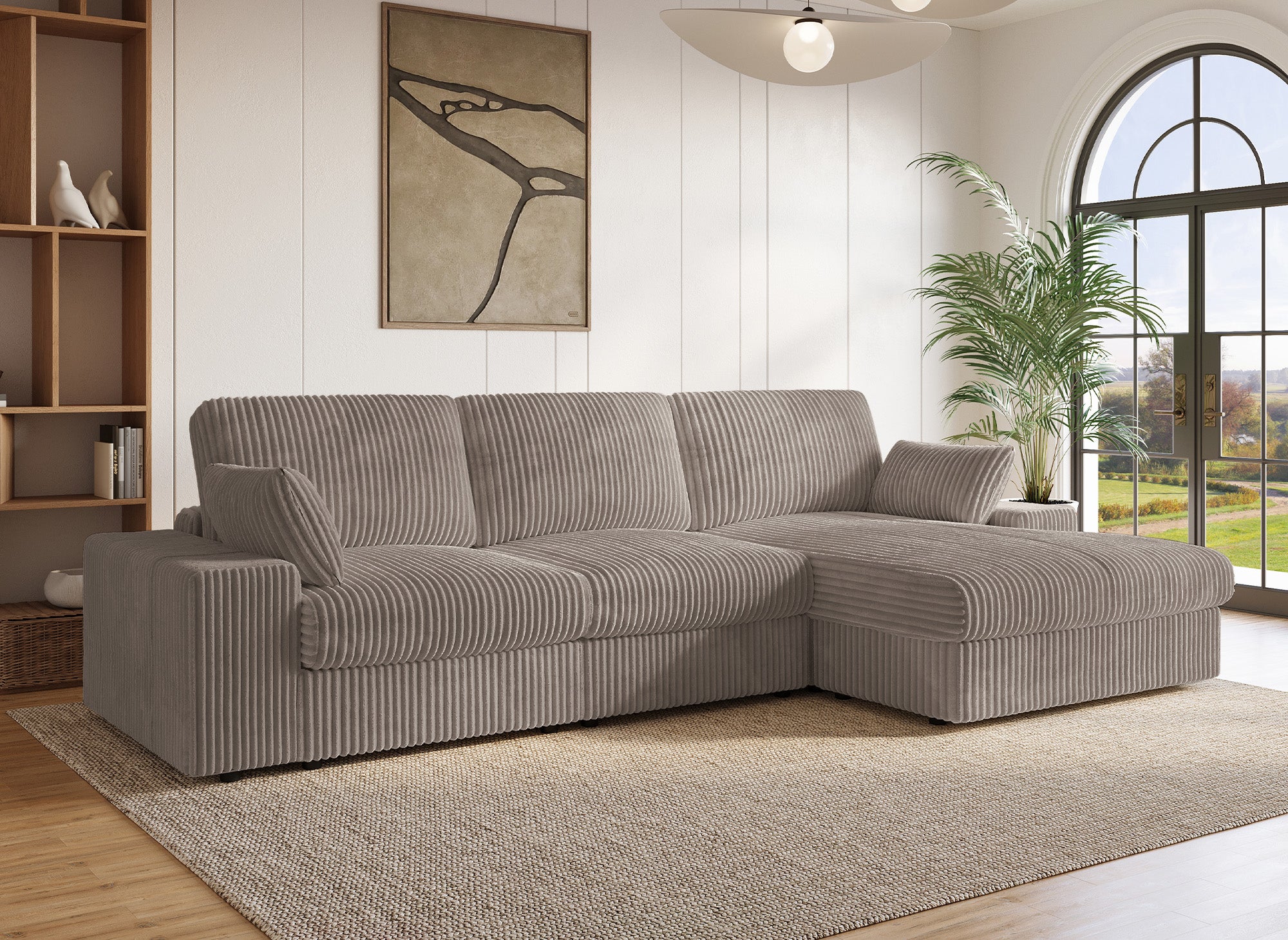 Canapé d'angle réversible en gros côtelé doux taupe SIRINA