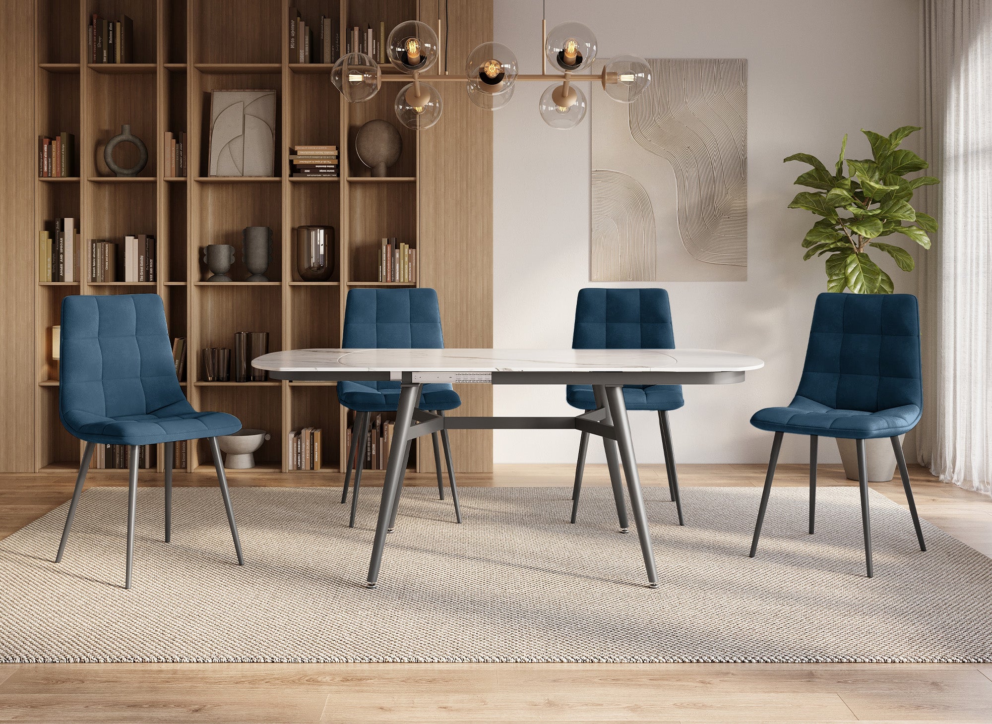 Lot de 4 chaises en velours bleu capitonné JEREMI