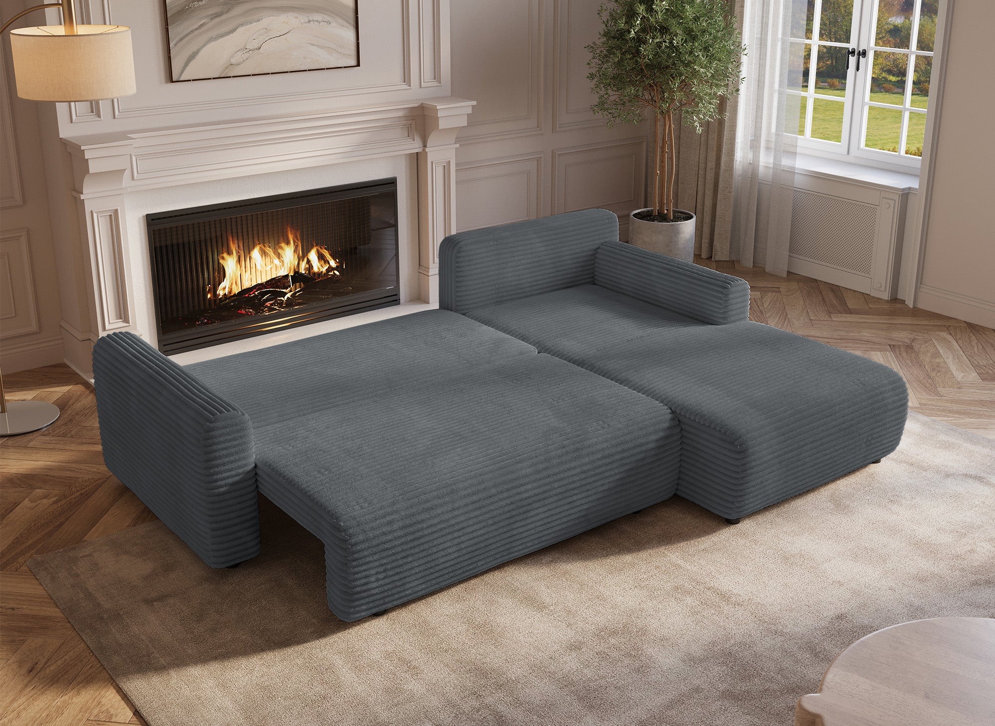 Canapé d'angle réversible et convertible avec coffre en velours côtelé épais gris foncé KATIA