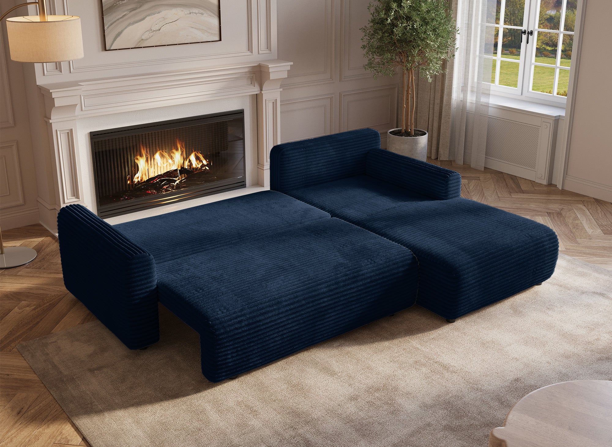 Canapé d'angle réversible et convertible avec coffre en velours côtelé épais bleu foncé KATIA