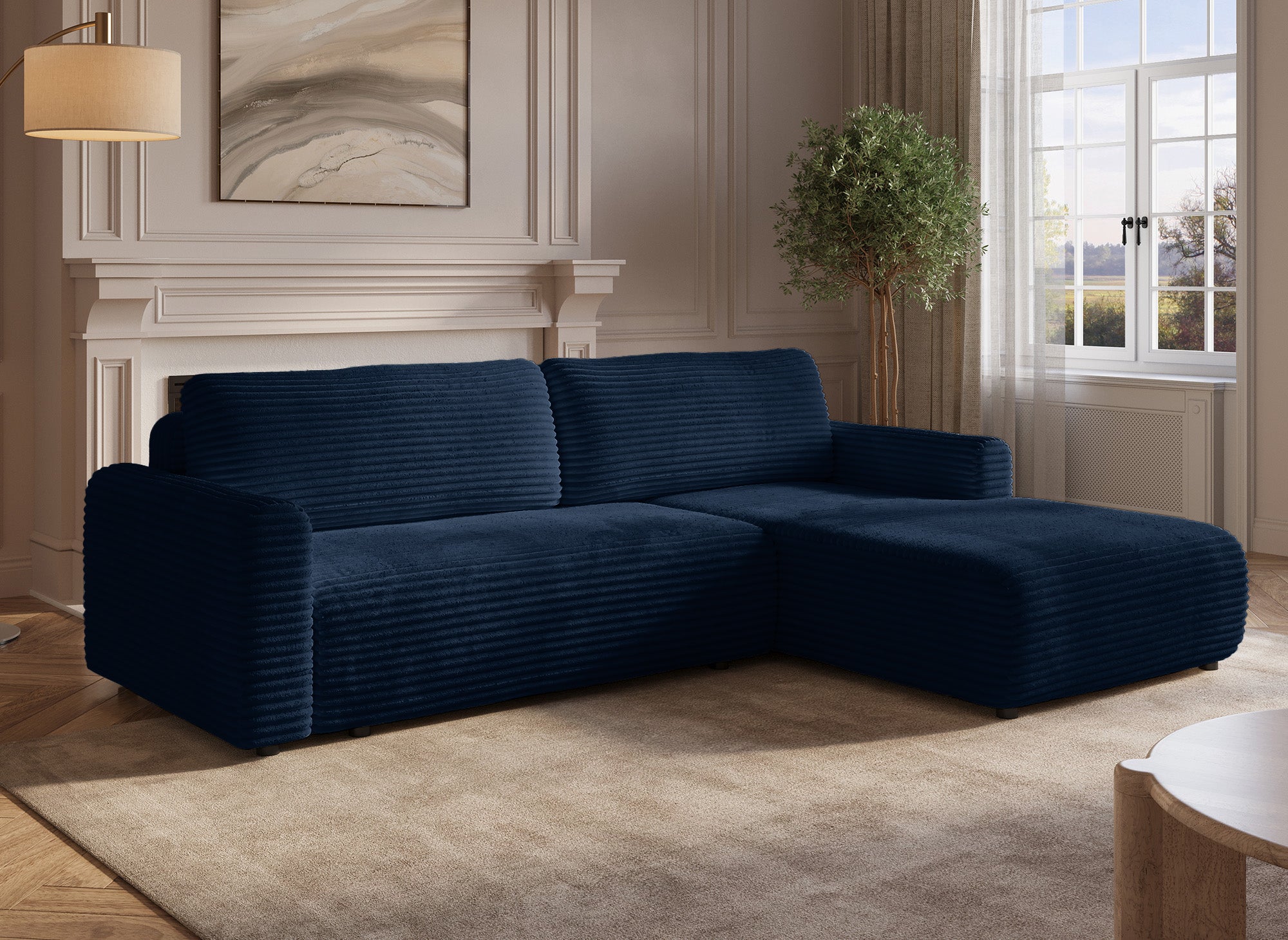 Canapé d'angle réversible et convertible avec coffre en velours côtelé épais bleu foncé KATIA