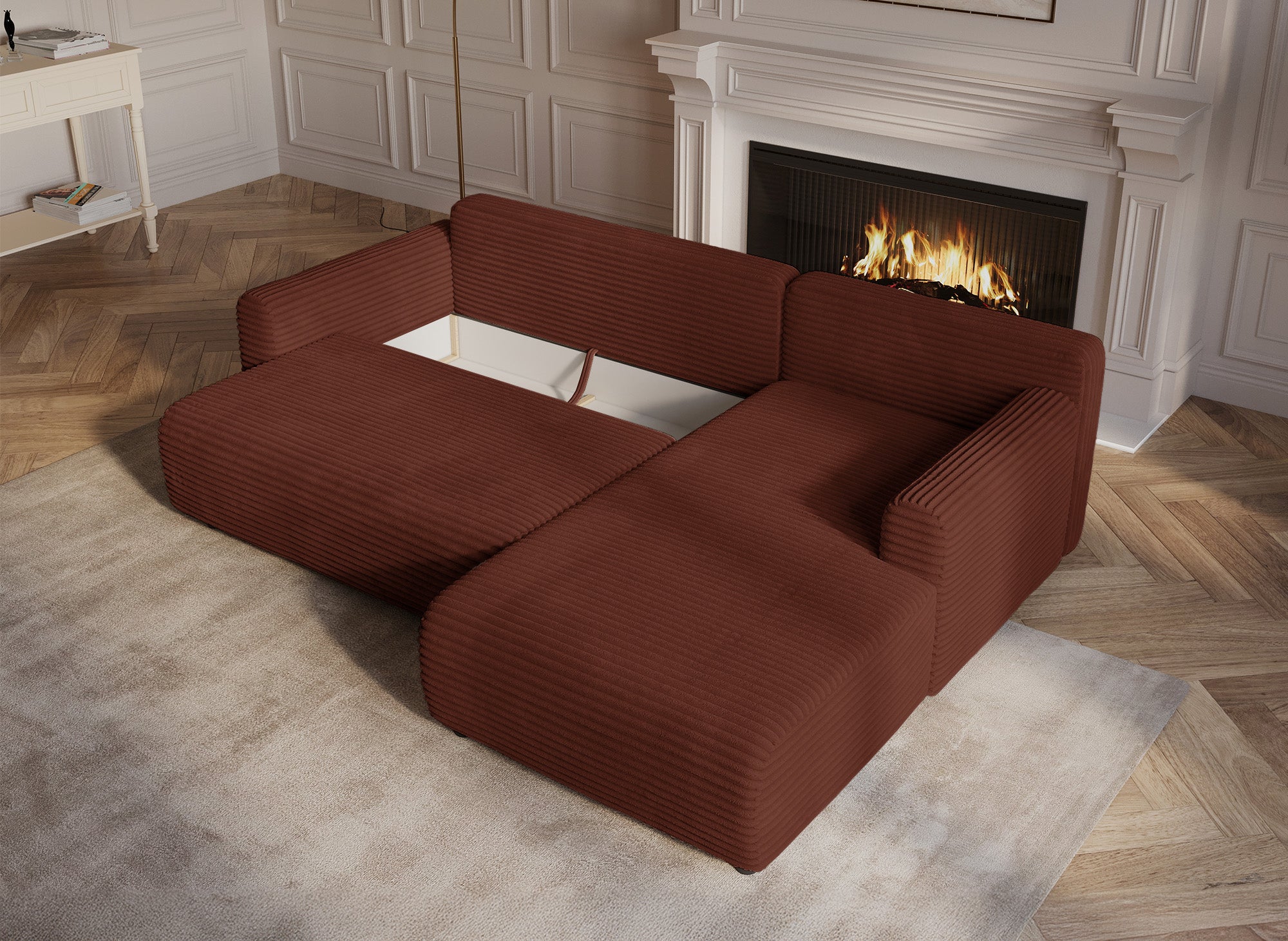 Canapé d'angle réversible et convertible avec coffre en velours côtelé épais terracotta KATIA