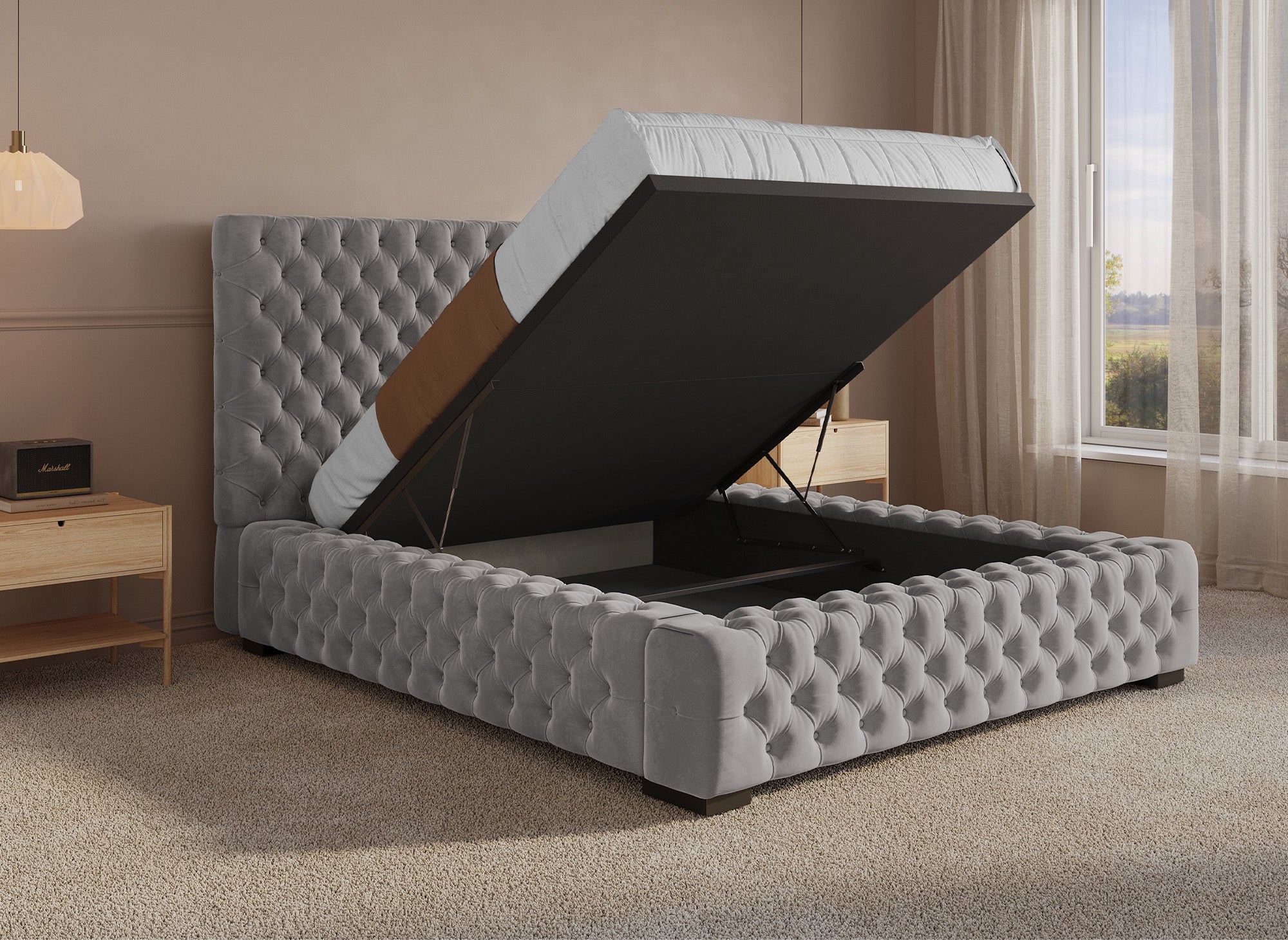 Lit coffre capitonné en velours gris IDALINE 140 x 190 cm