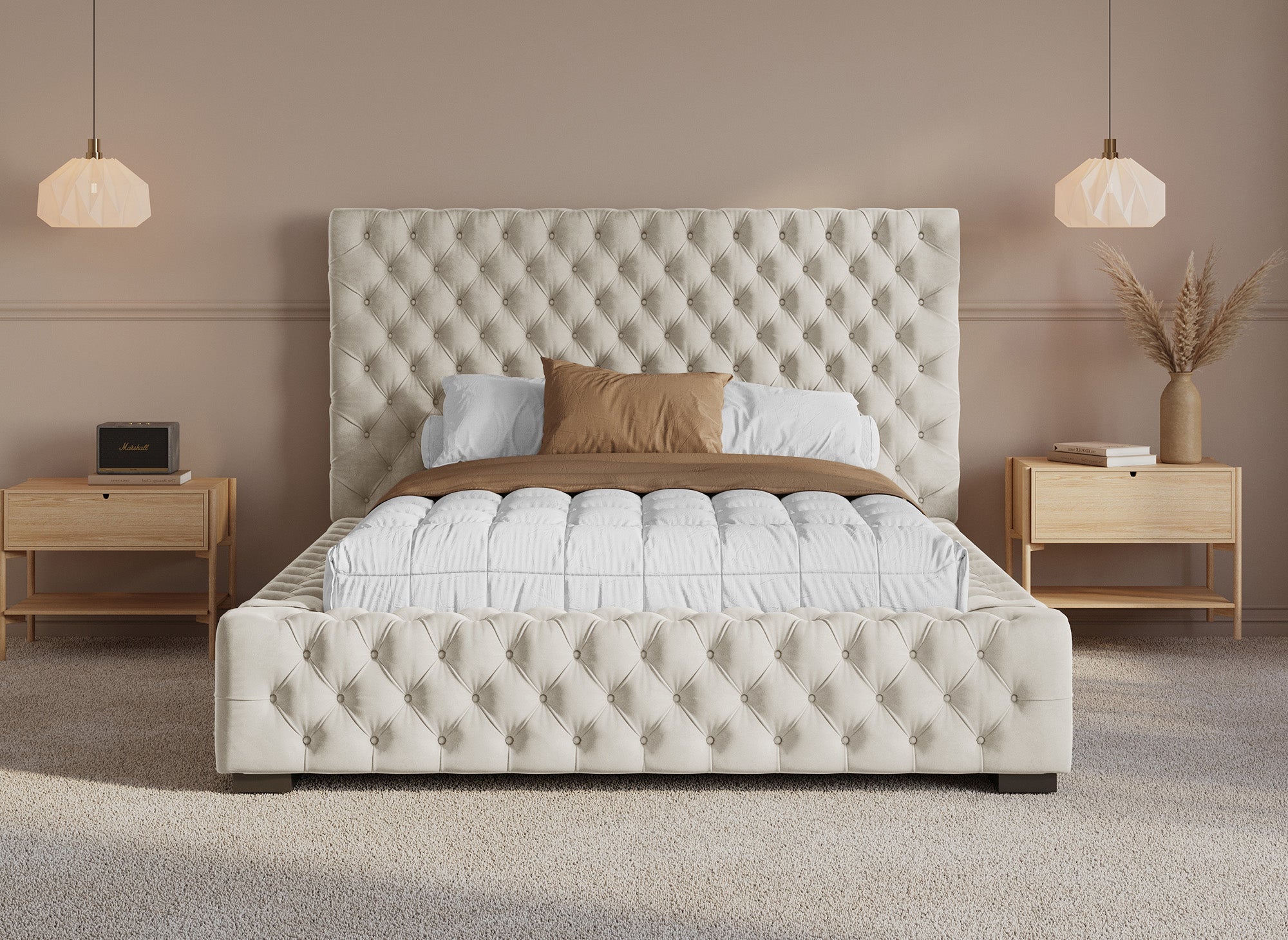 Letto contenitore imbottito in velluto beige IDALINE 140 x 190 cm