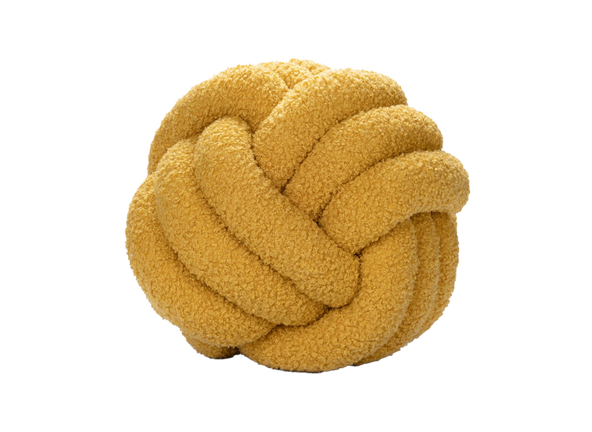 Coussin rond décoratif boule de nœud en effet peau de mouton jaune moutarde NODUS