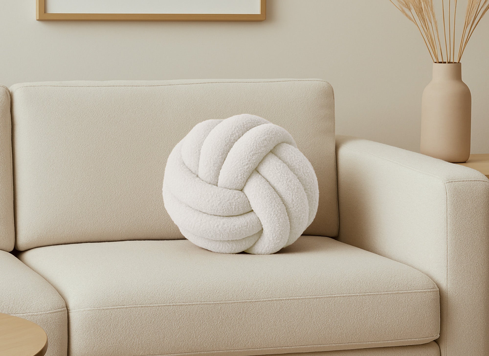 Coussin rond décoratif boule de nœud en effet peau de mouton blanc écru NODUS