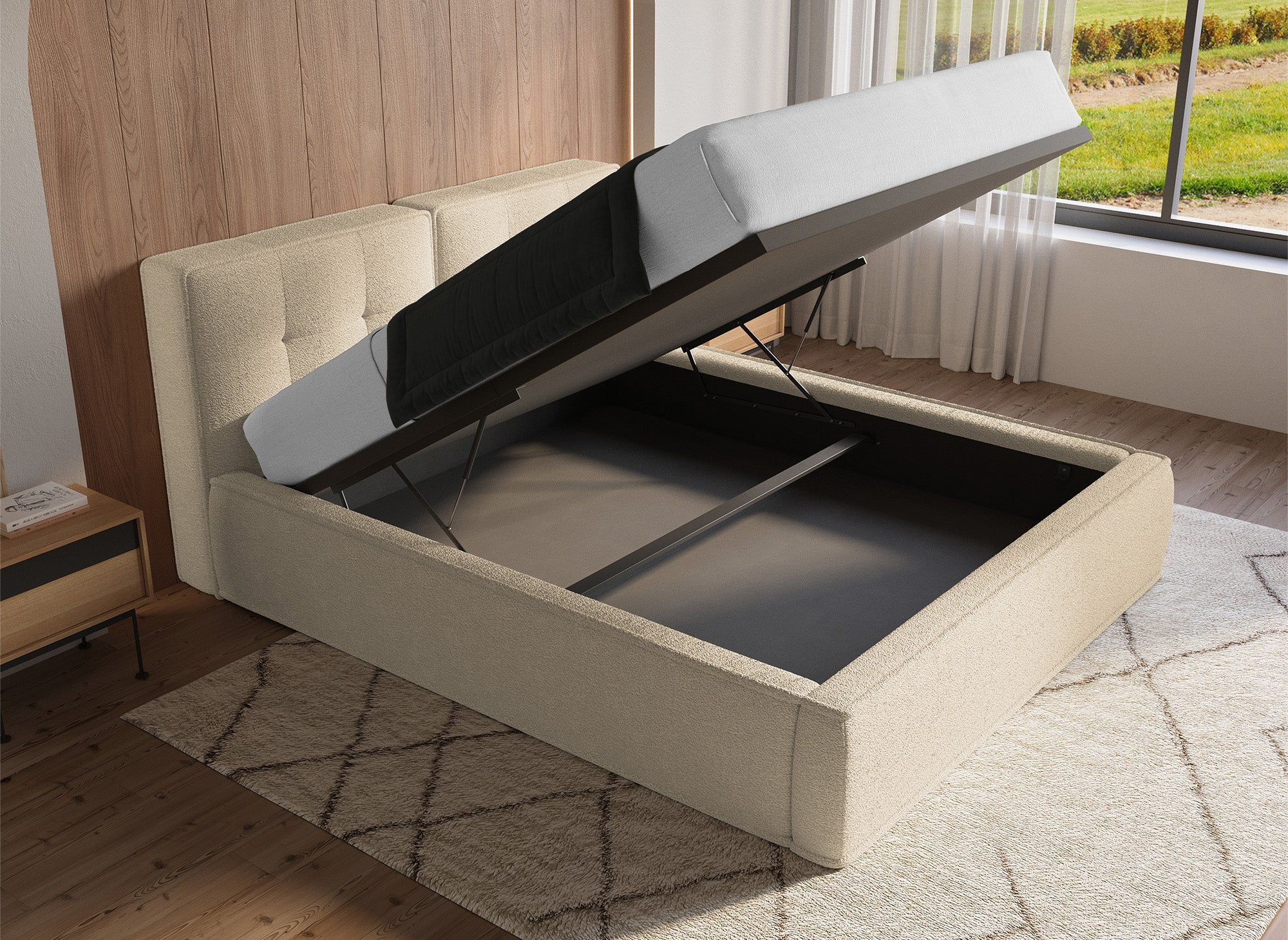 Lit coffre en tissu bouclette beige 180x200cm YUNA