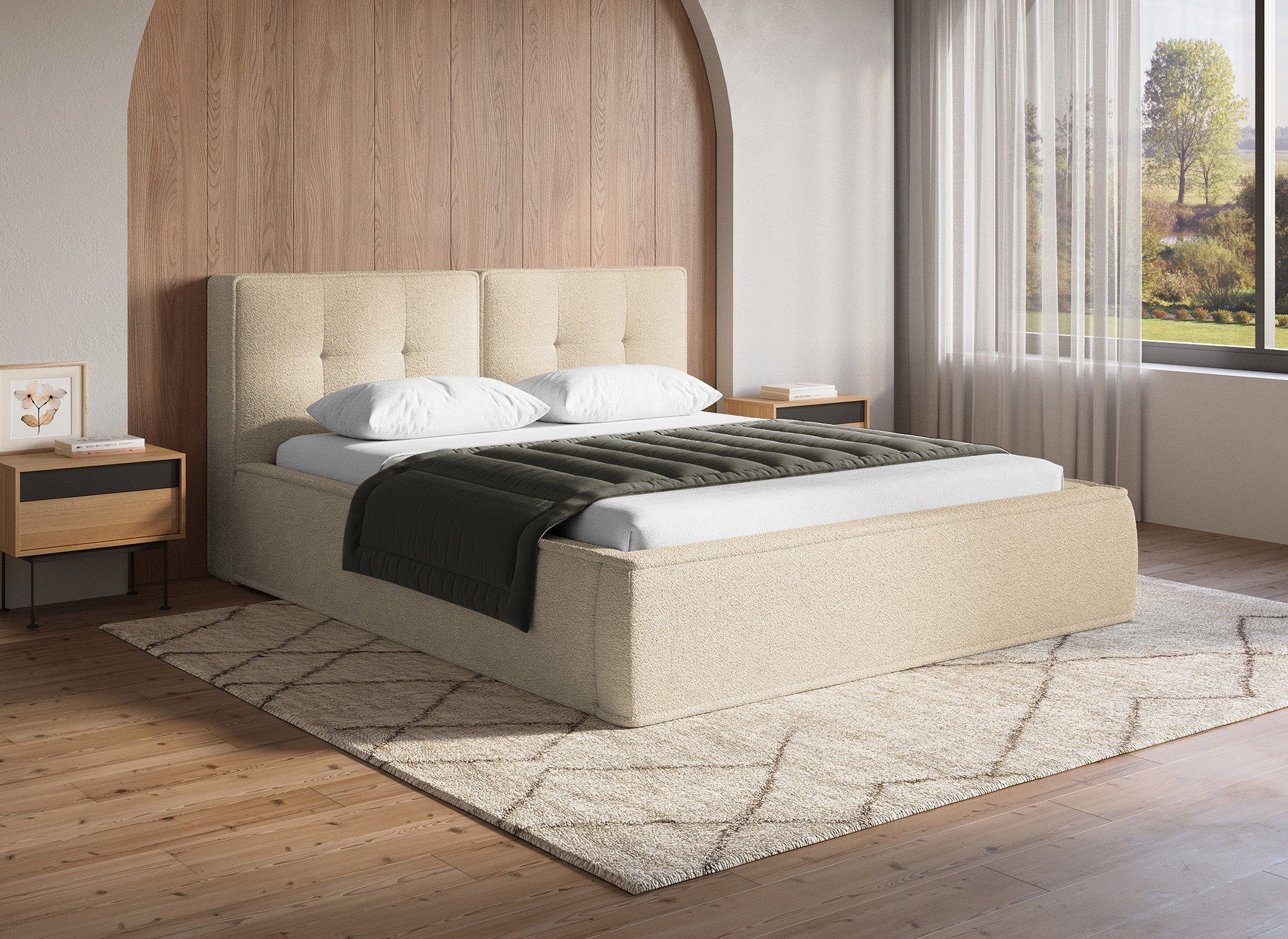 Lit coffre en tissu bouclette beige 140x190 cm YUNA