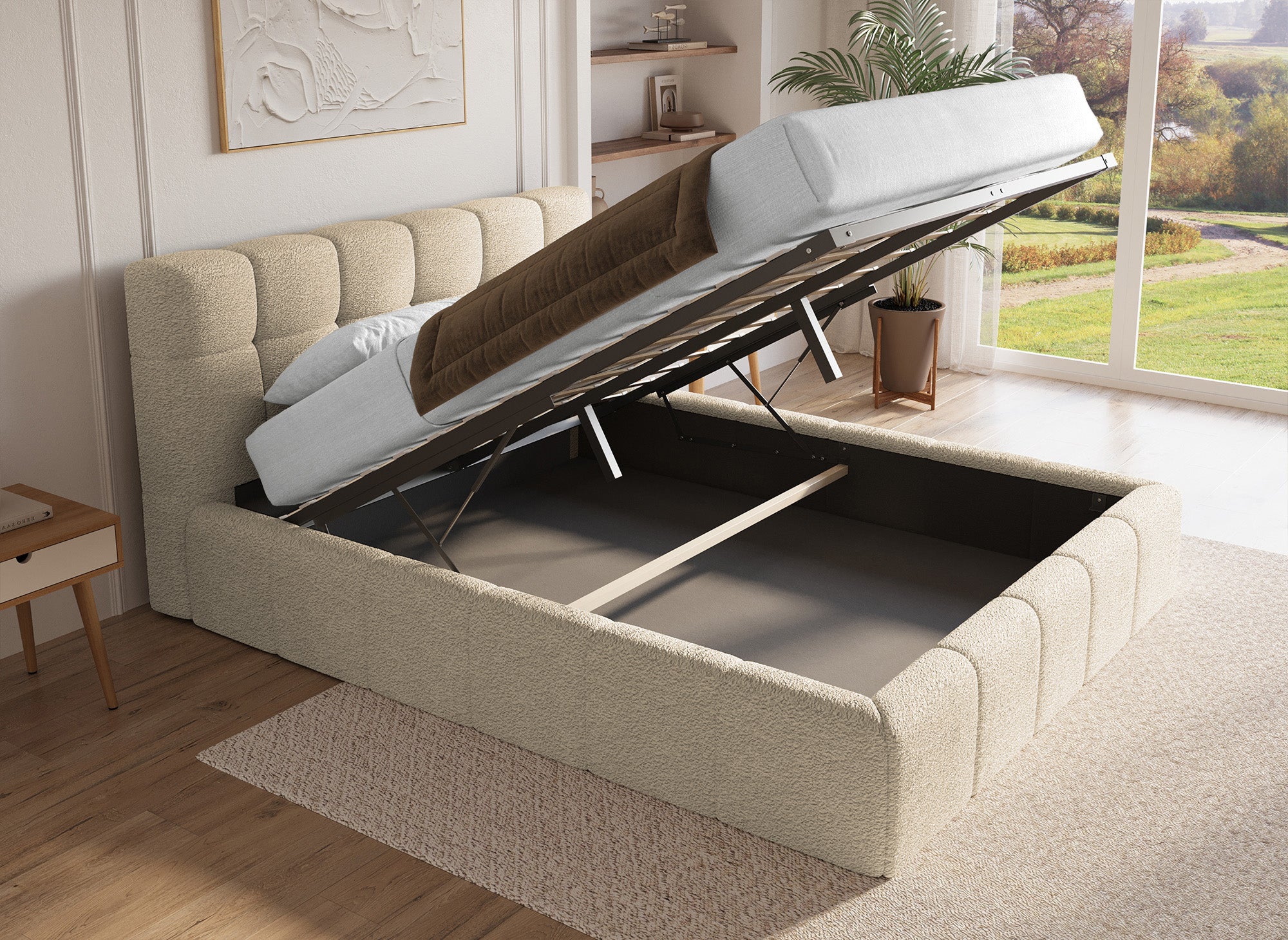 Lit coffre en tissu bouclette beige 180x200 cm MILIE