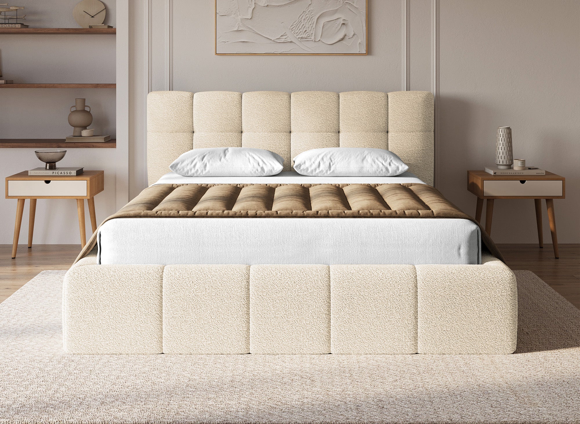 Lit coffre en tissu bouclette beige 140x190 cm MILIE