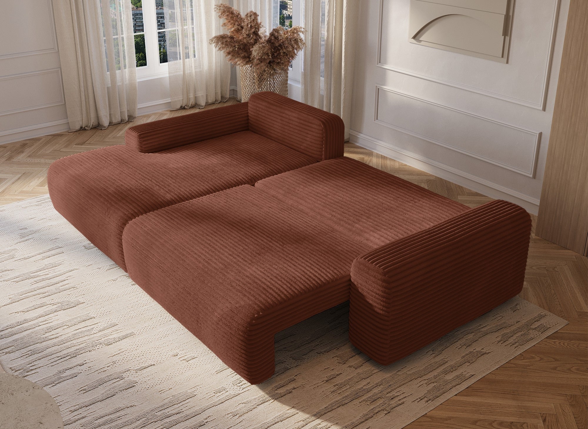 Canapé d'angle gauche convertible avec coffre en velours côtelé épais terracotta BALI - Angle gauche