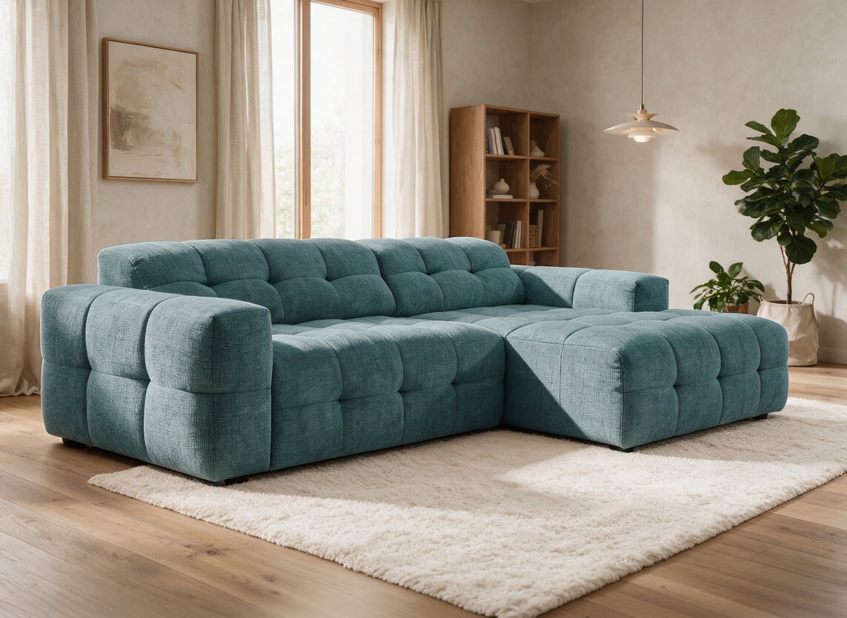 Divano angolare relax elettrico in velluto strutturato blu FEDORA - Angolo destro