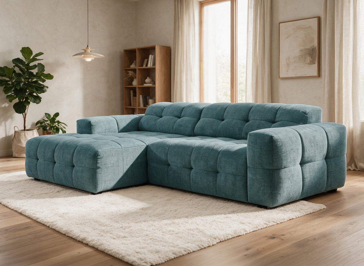 Divano angolare relax elettrico in velluto operato blu FEDORA - Angolo sinistro