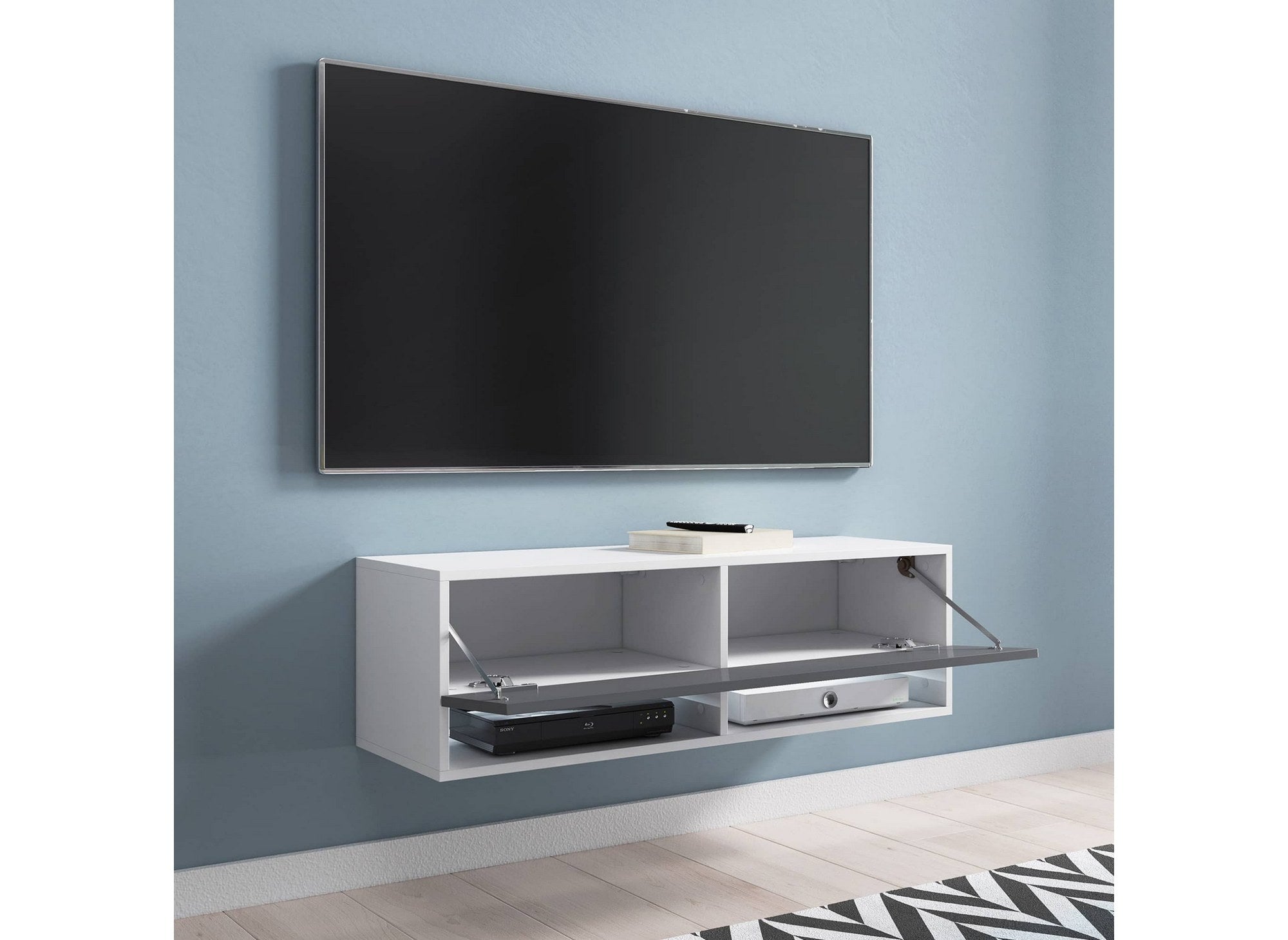 Meuble TV suspendu 1 porte 2 niches blanc et gris ROMANE - 100 cm