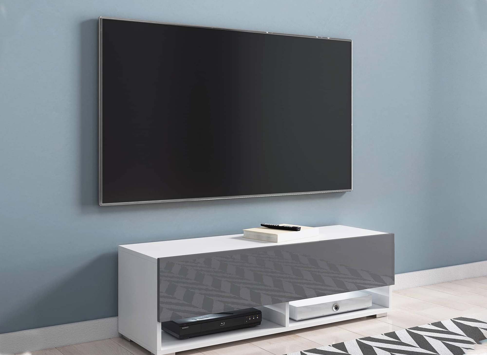 Meuble TV suspendu 1 porte 2 niches blanc et gris ROMANE - 100 cm