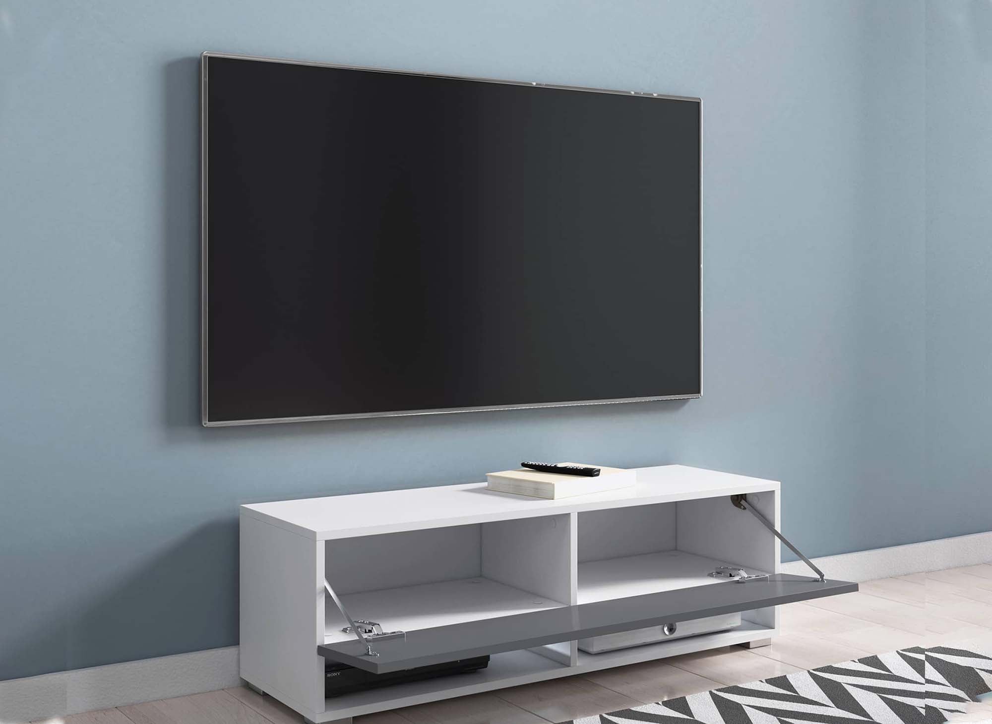 Meuble TV suspendu 1 porte 2 niches blanc et gris ROMANE - 100 cm