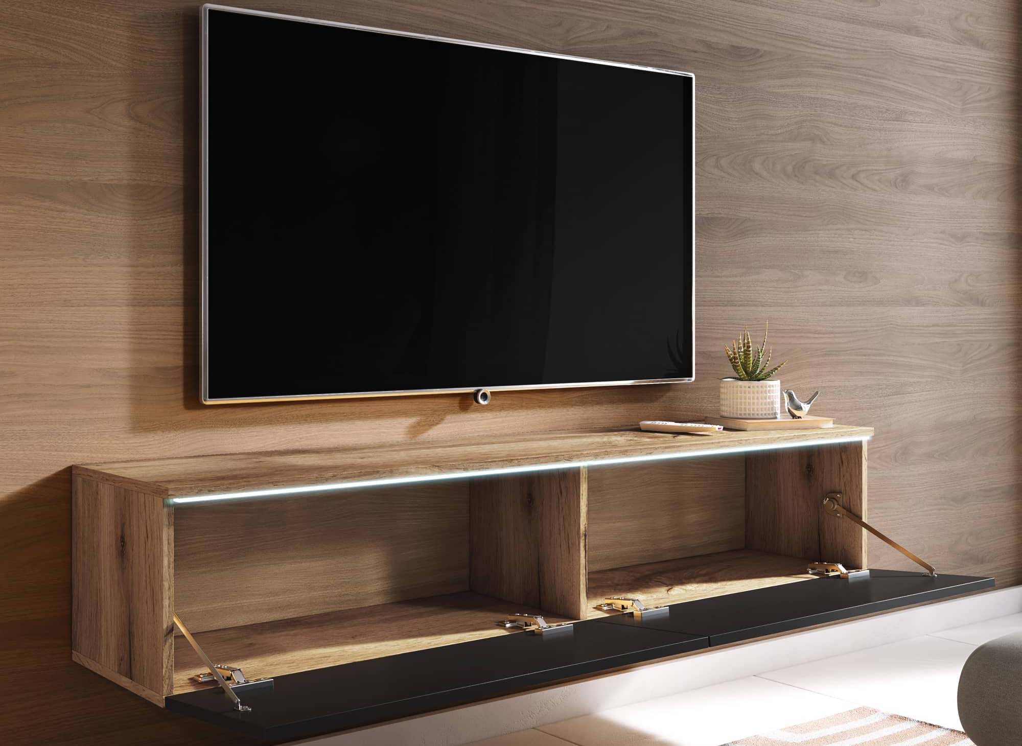 Meuble TV chêne vieilli et noir laqué avec LED 2 portes MALORIE- 140 cm