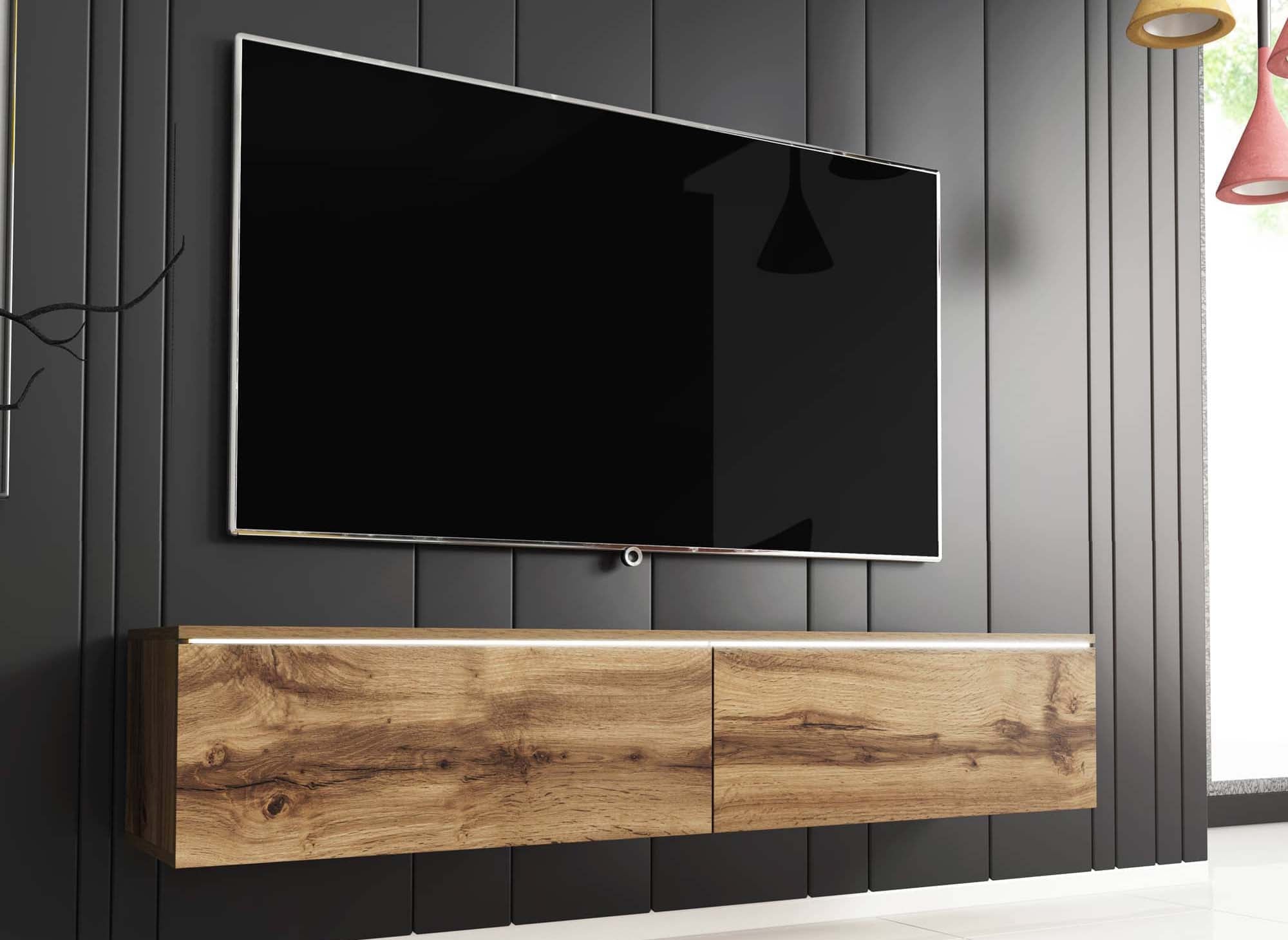 Meuble TV contemporain en chêne avec LED 2 portes MALORIE - 140 cm