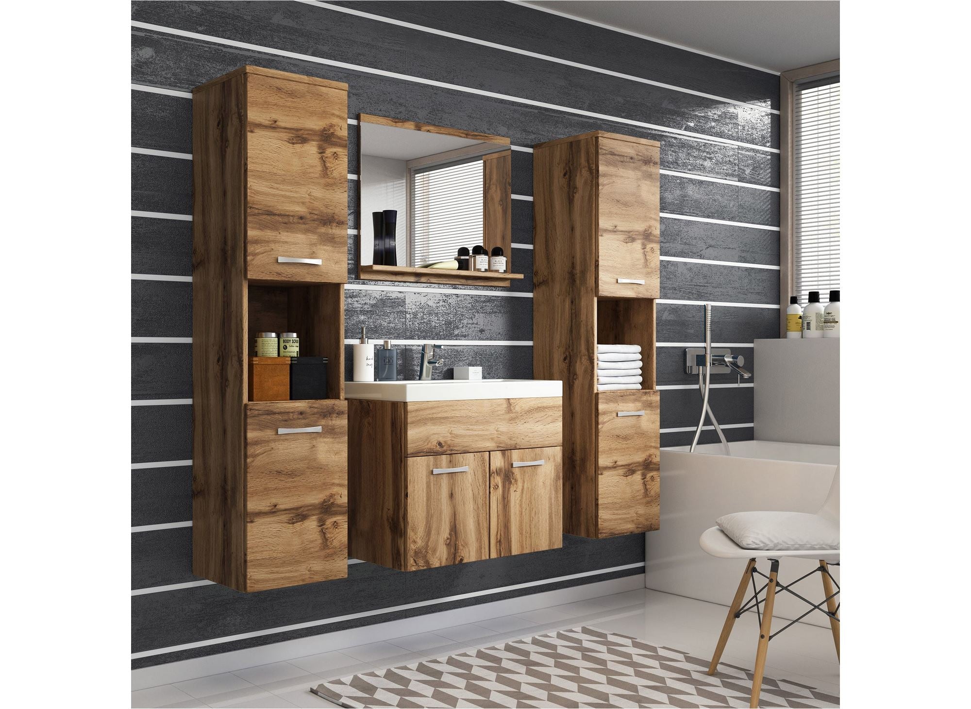 Ensemble meubles salle de bain suspendu XL - Bois effet vieilli HARMONY