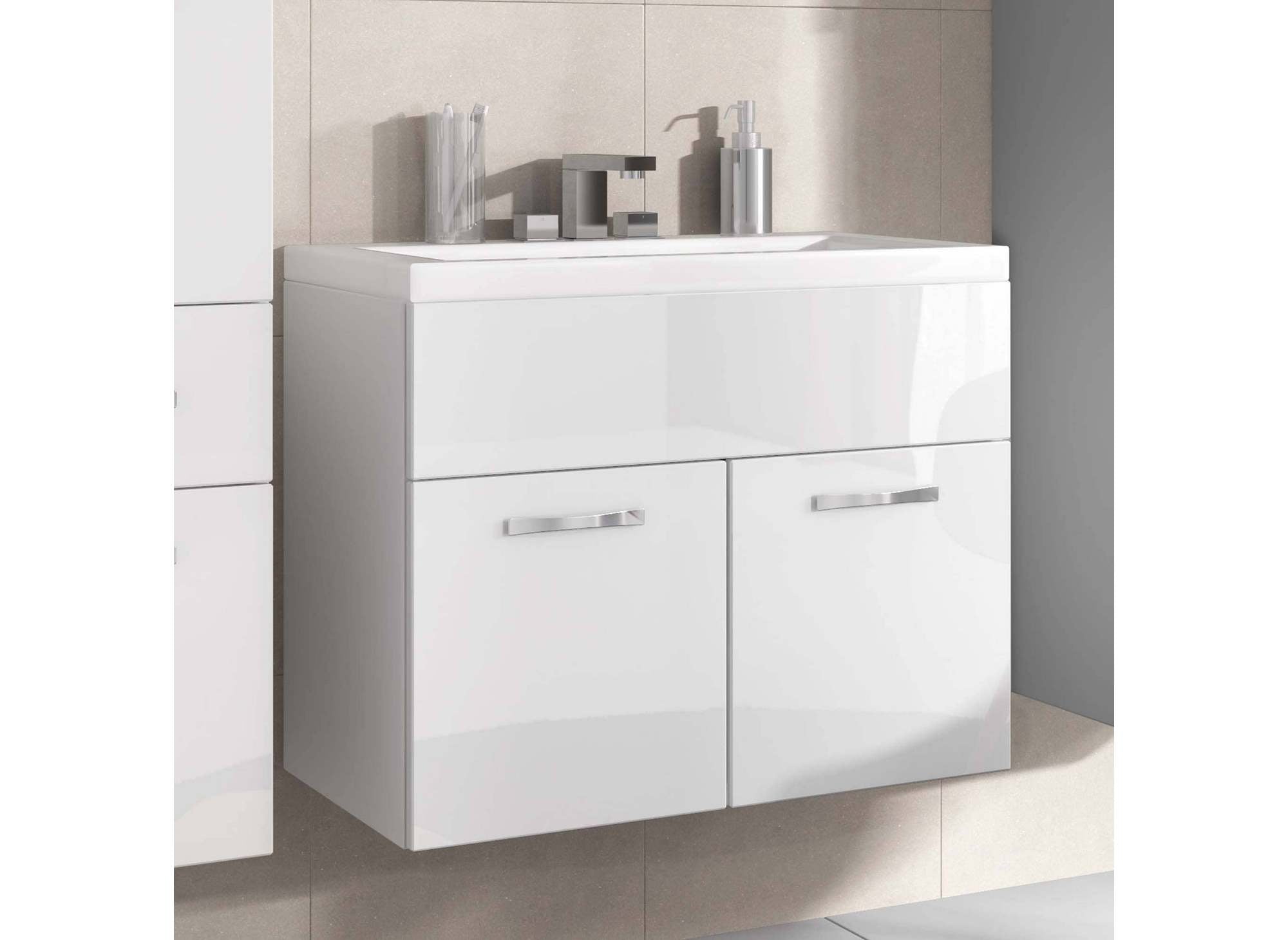 Ensemble meubles salle de bain design suspendu - Blanc laqué SHELBY