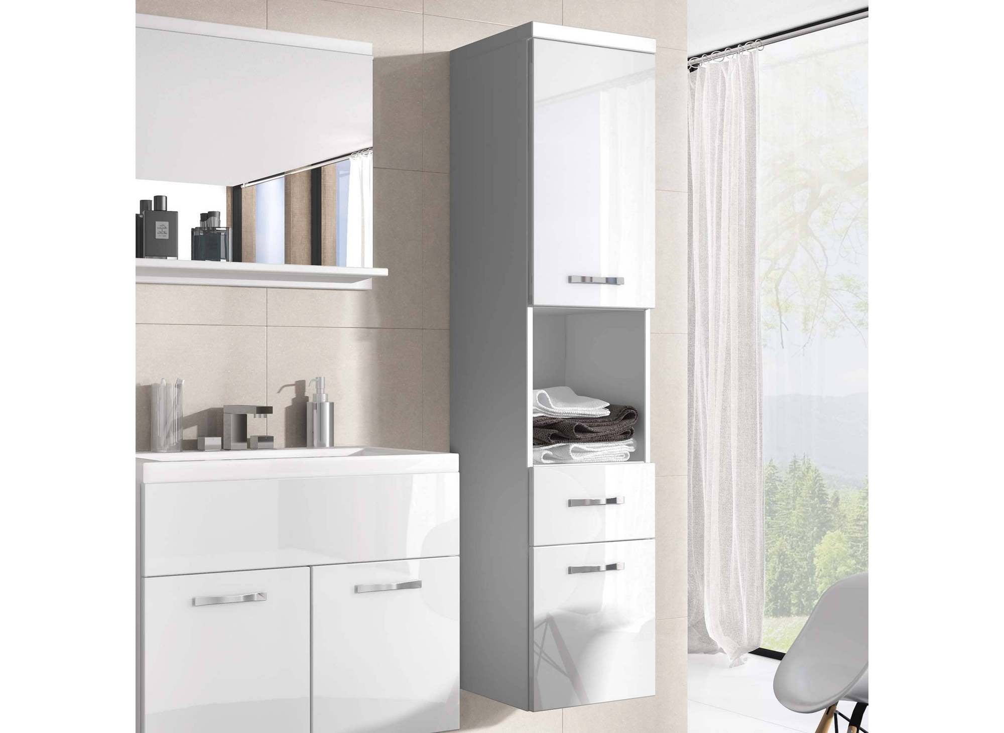 Ensemble meubles salle de bain design suspendu - Blanc laqué SHELBY