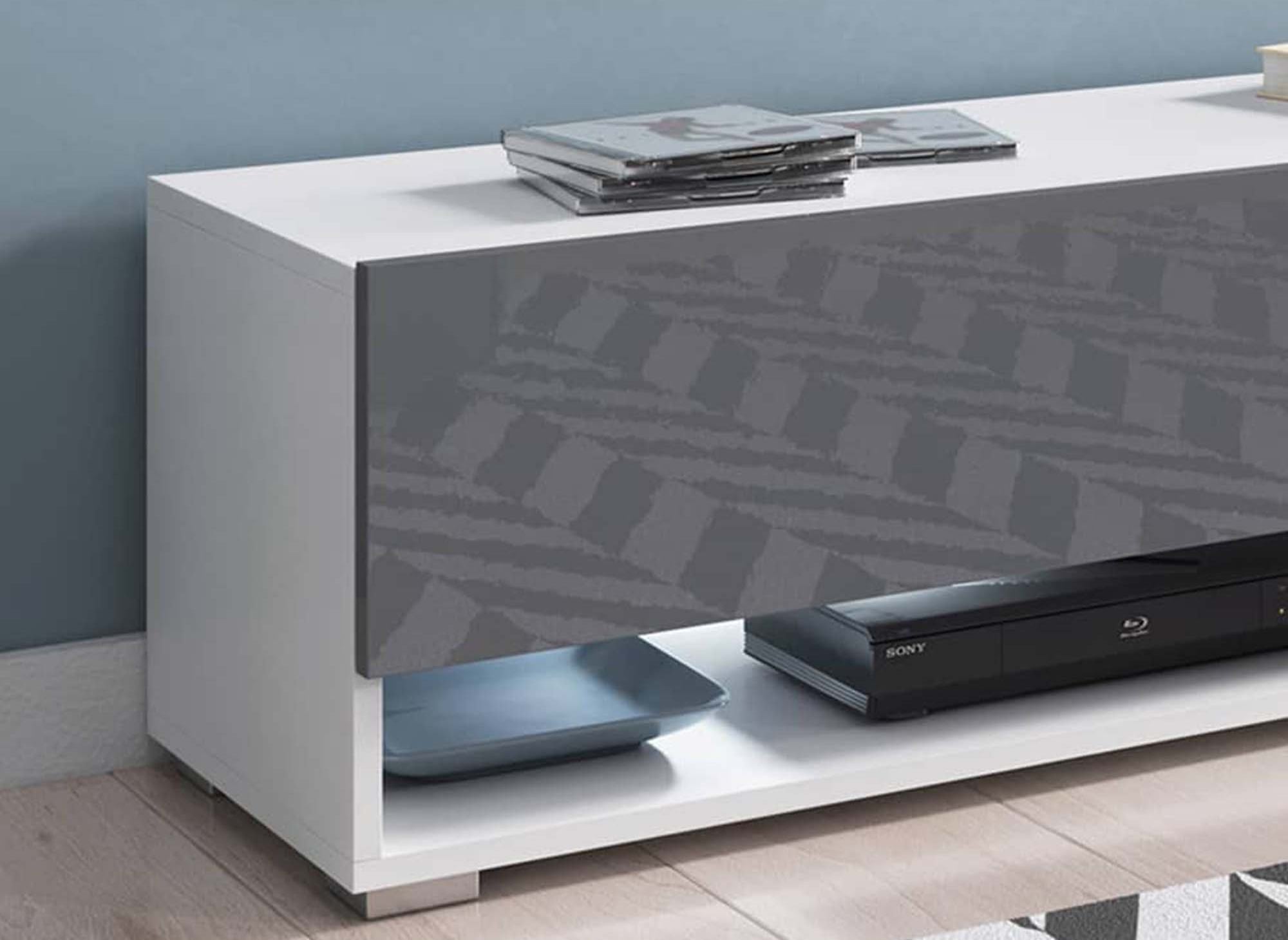 Meuble TV suspendu 2 portes 2 niches blanc et gris ROMANE XL - 140 cm