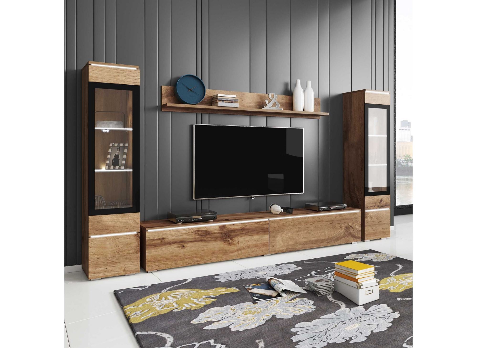 Meuble TV contemporain chêne vieilli avec LED - VERONICA XL